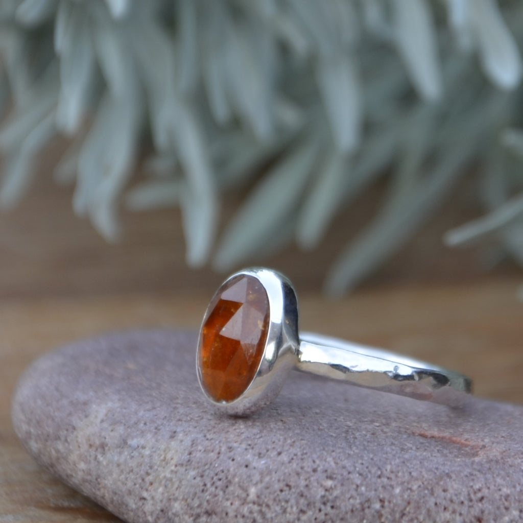 Orange Kyanite Hammered Silver Ring UK Size P