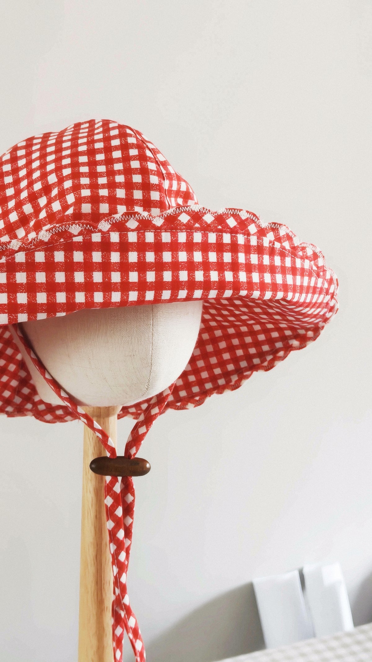 Kids Wide Brim Cotton Summer Sun Hat, Red Gingham Kids Hat