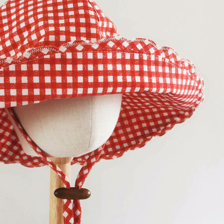 Kids Wide Brim Cotton Summer Sun Hat, Red Gingham Kids Hat