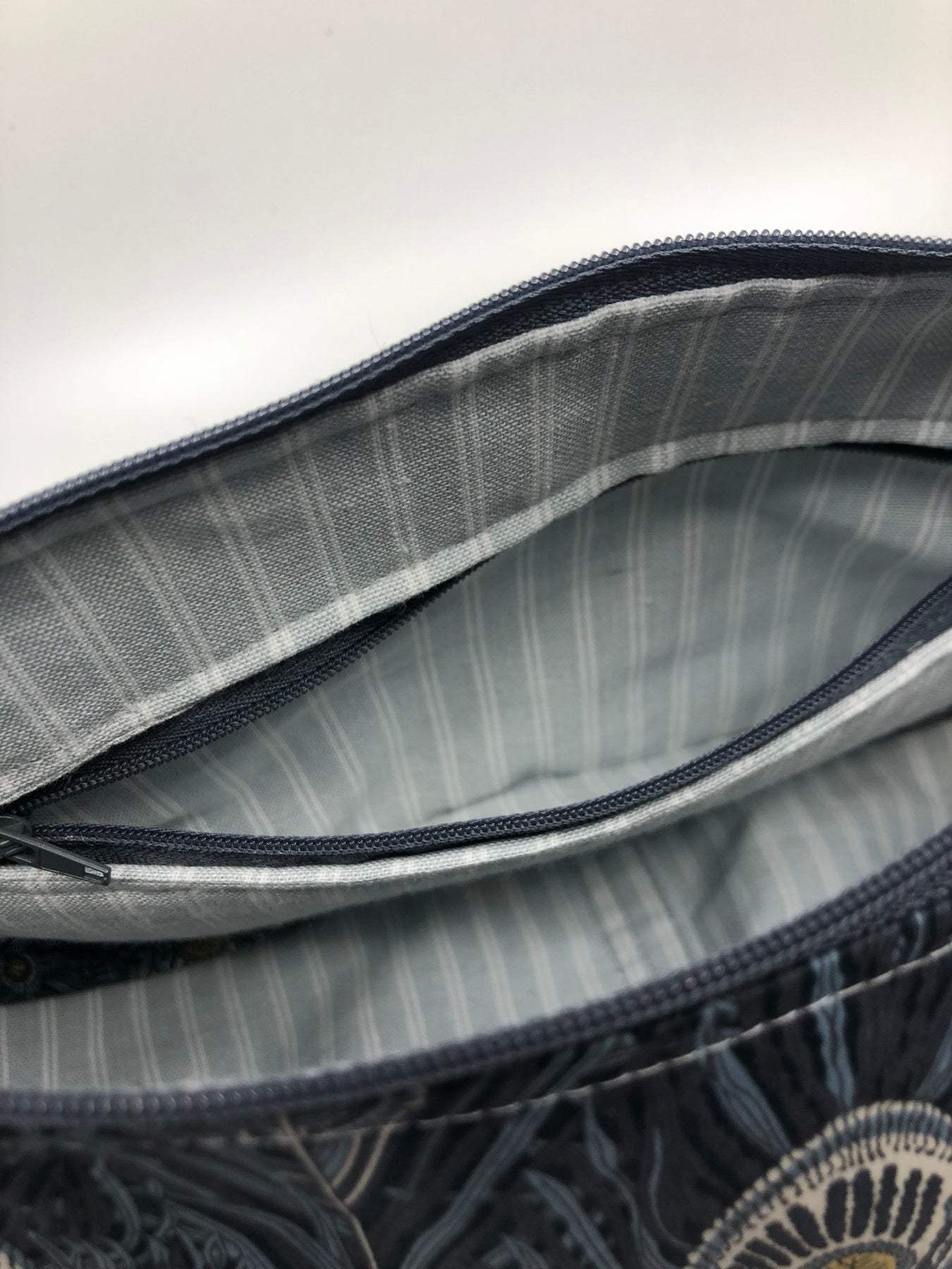 Liberty fabric Hera design - fully lined with grey stripe ticking.  Inner zipper pocket