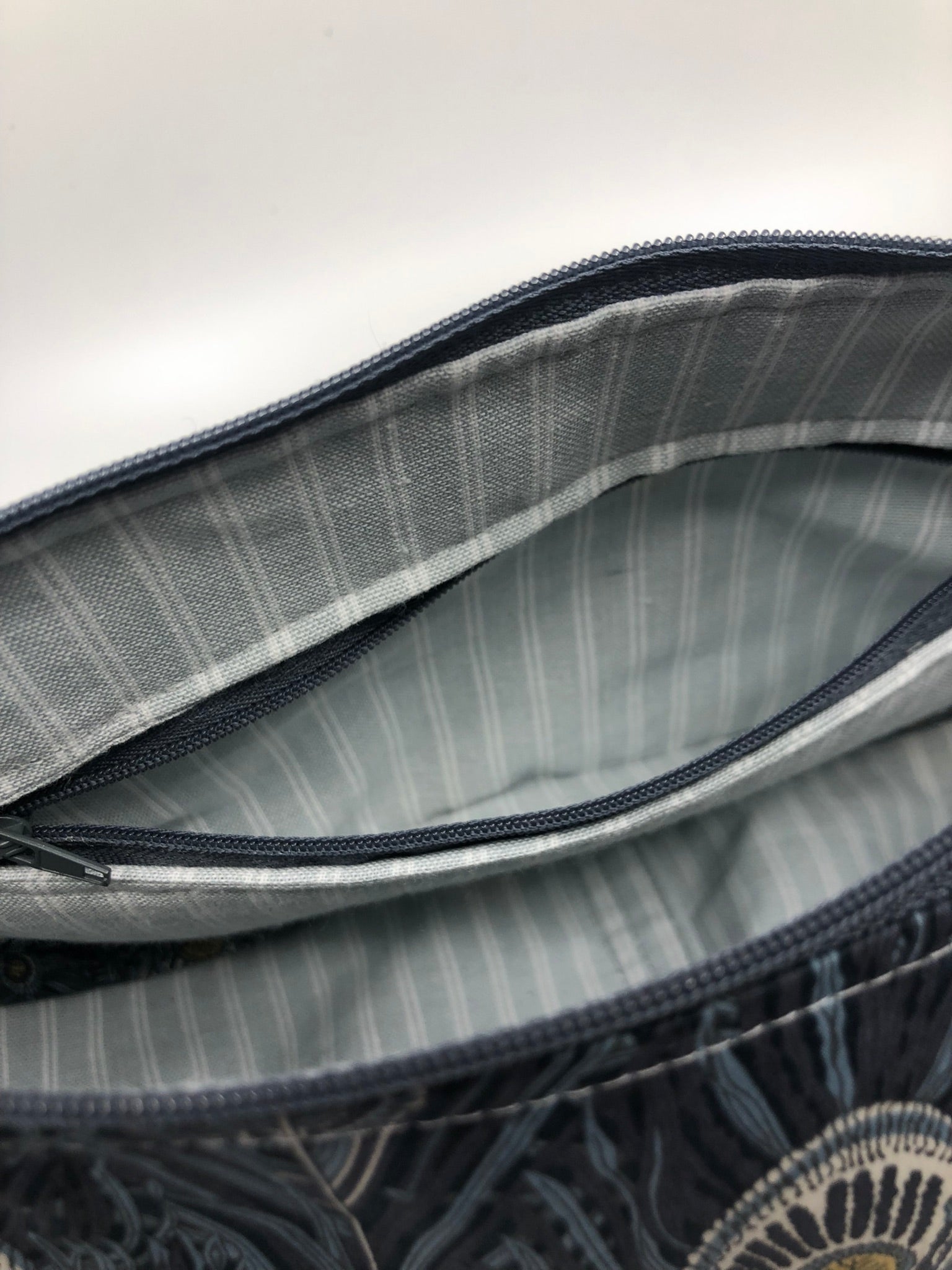 Liberty fabric Hera design - fully lined with grey stripe ticking.  Inner zipper pocket
