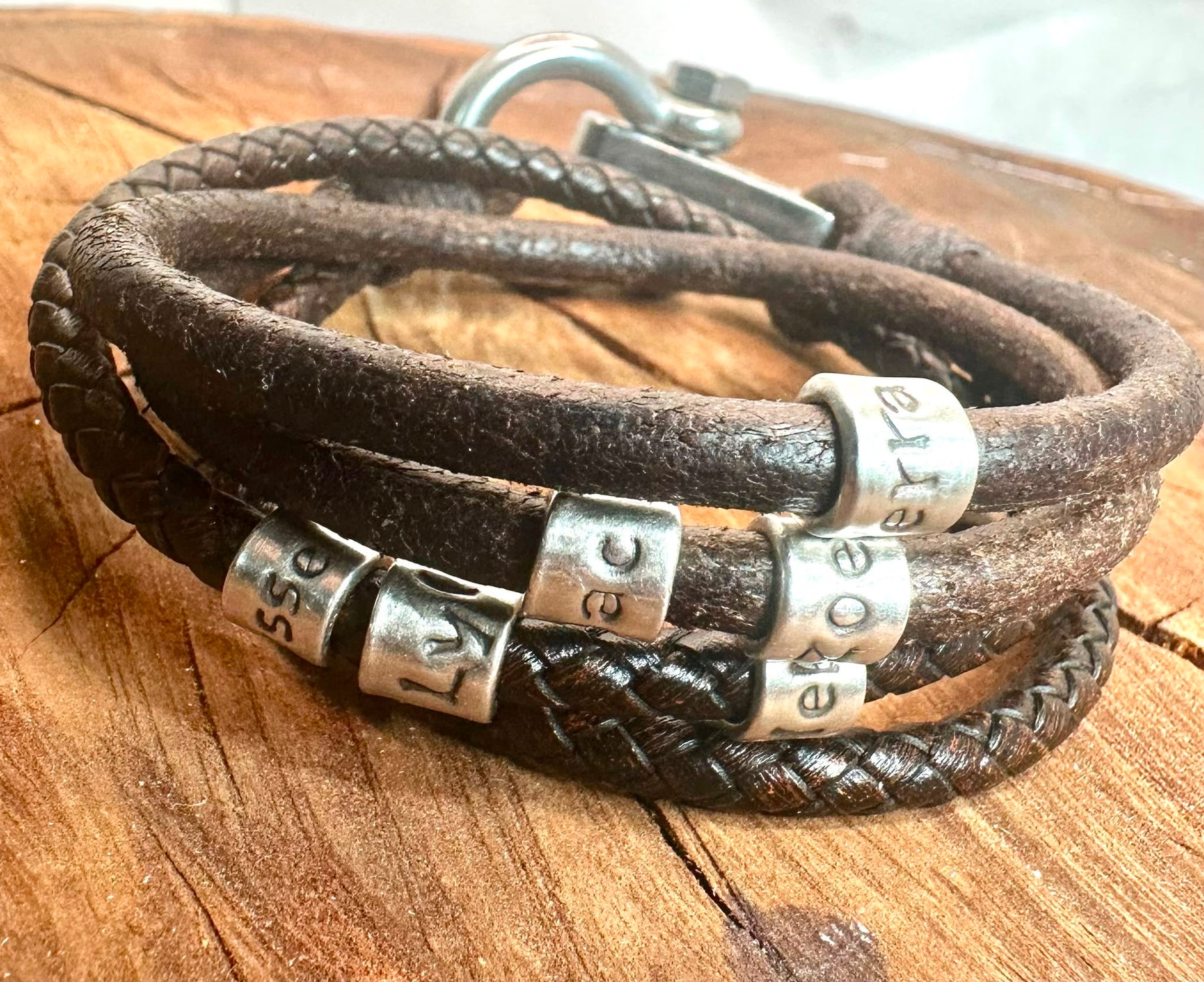 4 Cord Silver Bead Leather Wrap  - personalised