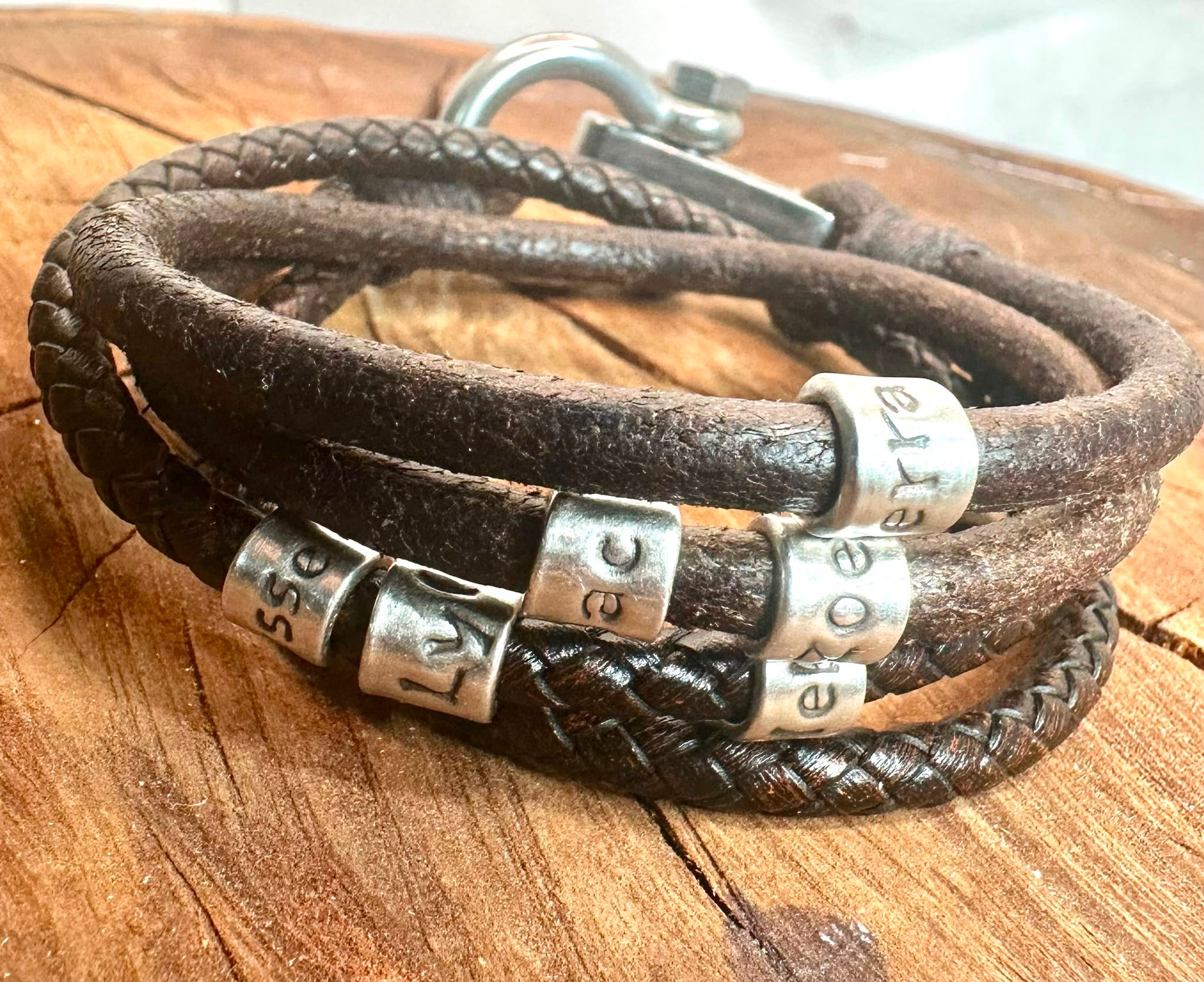 4 Cord Silver Bead Leather Wrap  - personalised