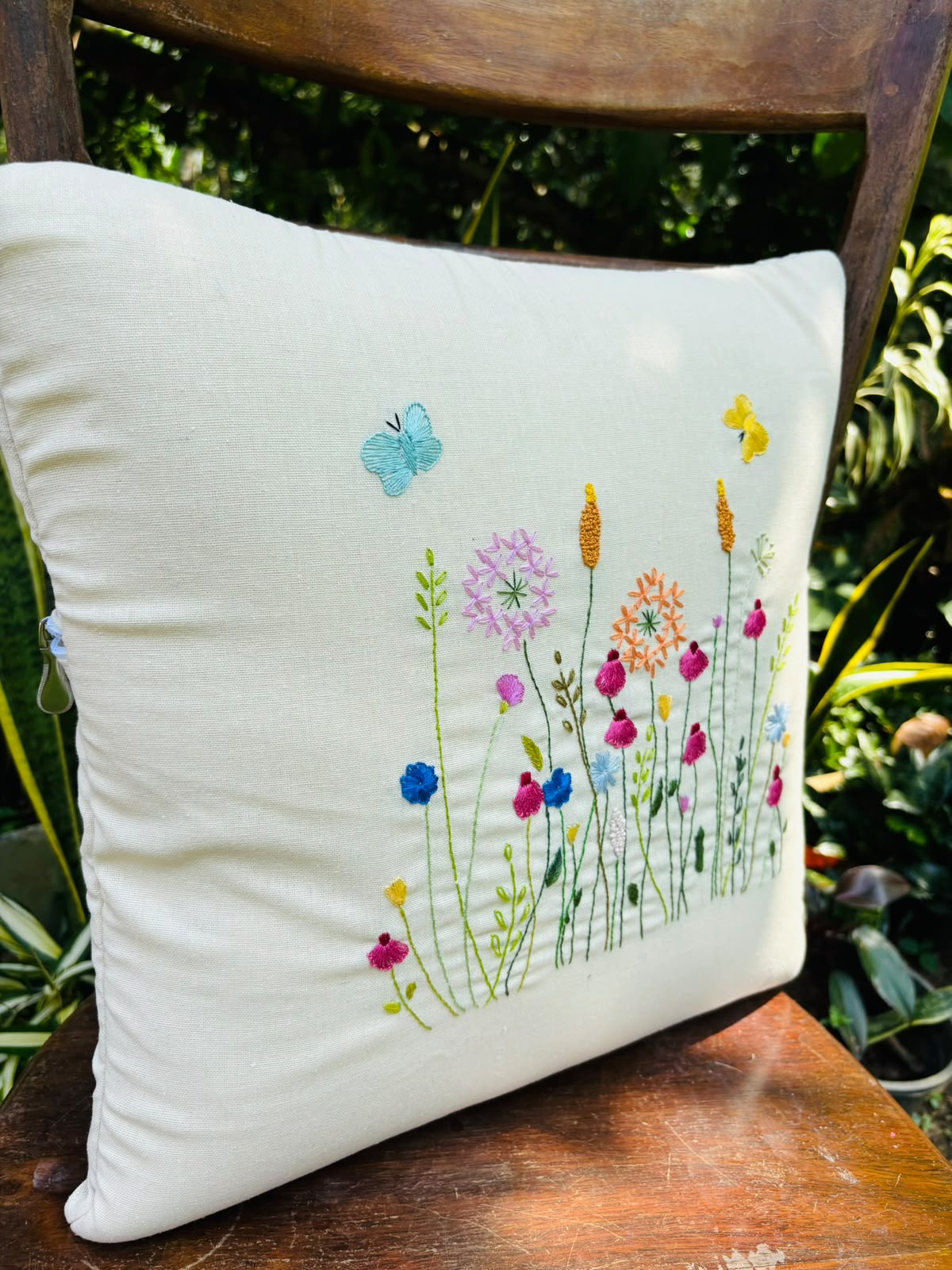 Hand Embroidered Floral Garden Cushion/ Pillow Cover