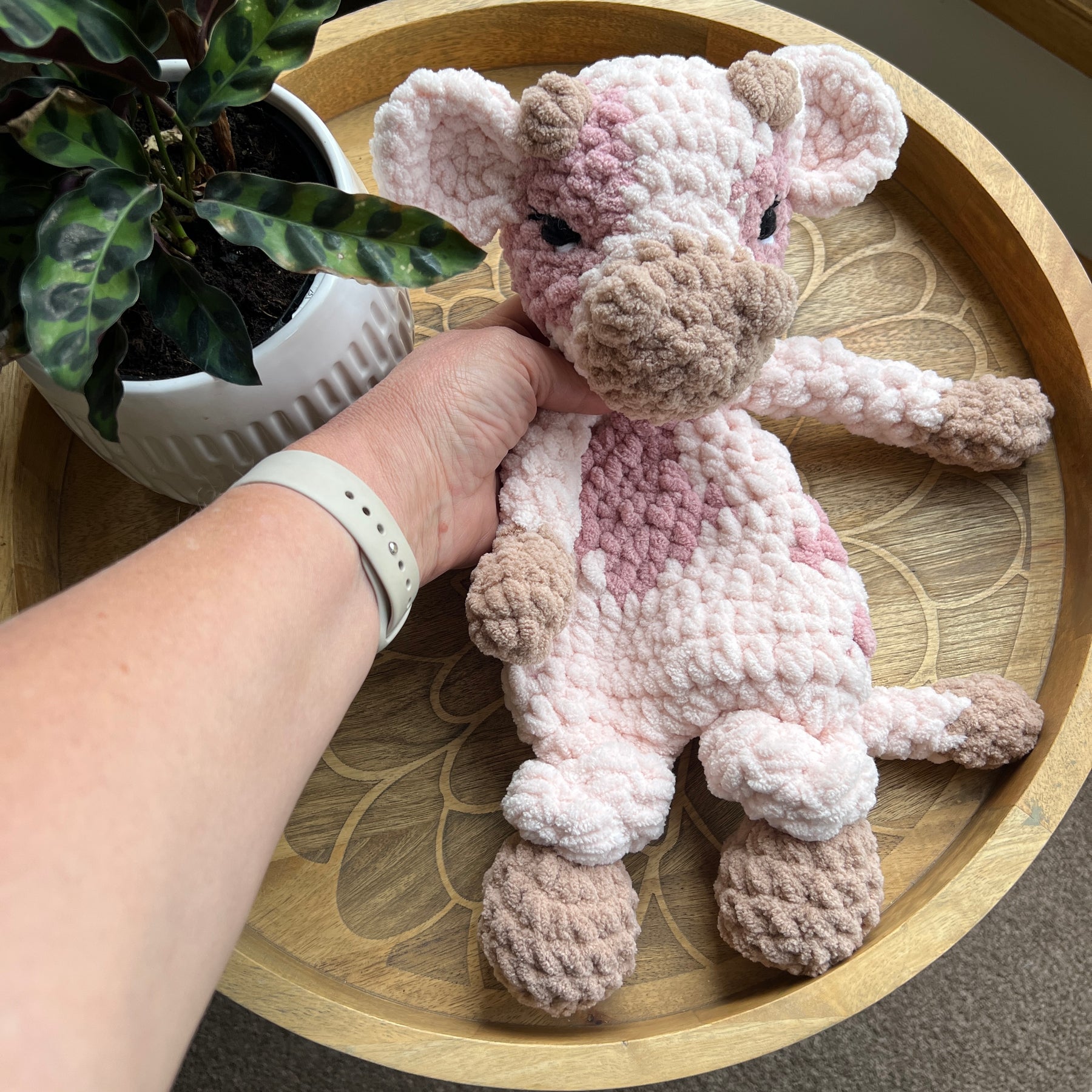 Handmade pink crochet cow lovey snuggler baby safe.