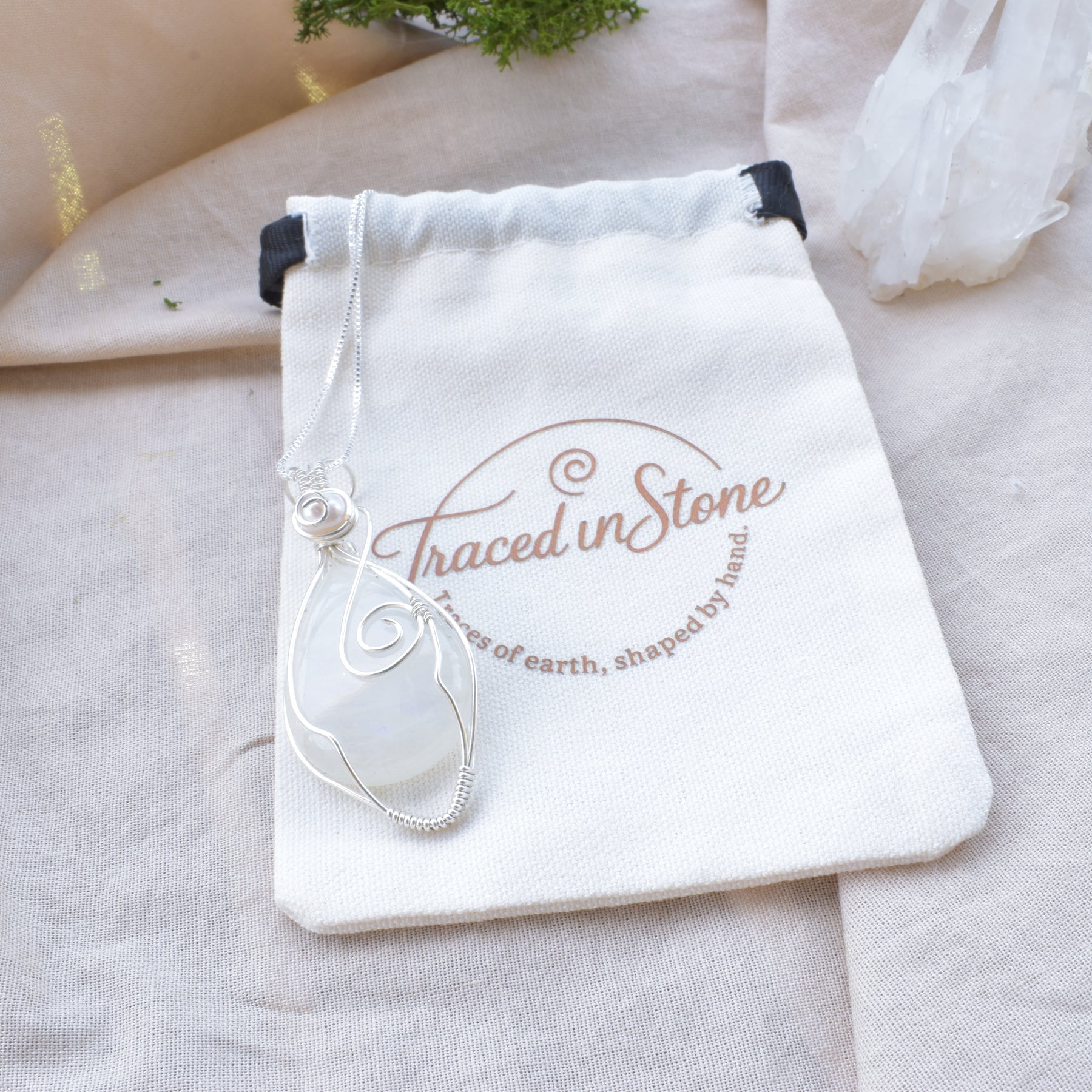 Soft Aura – Handcrafted Rainbow Moonstone & Pearl Pendant