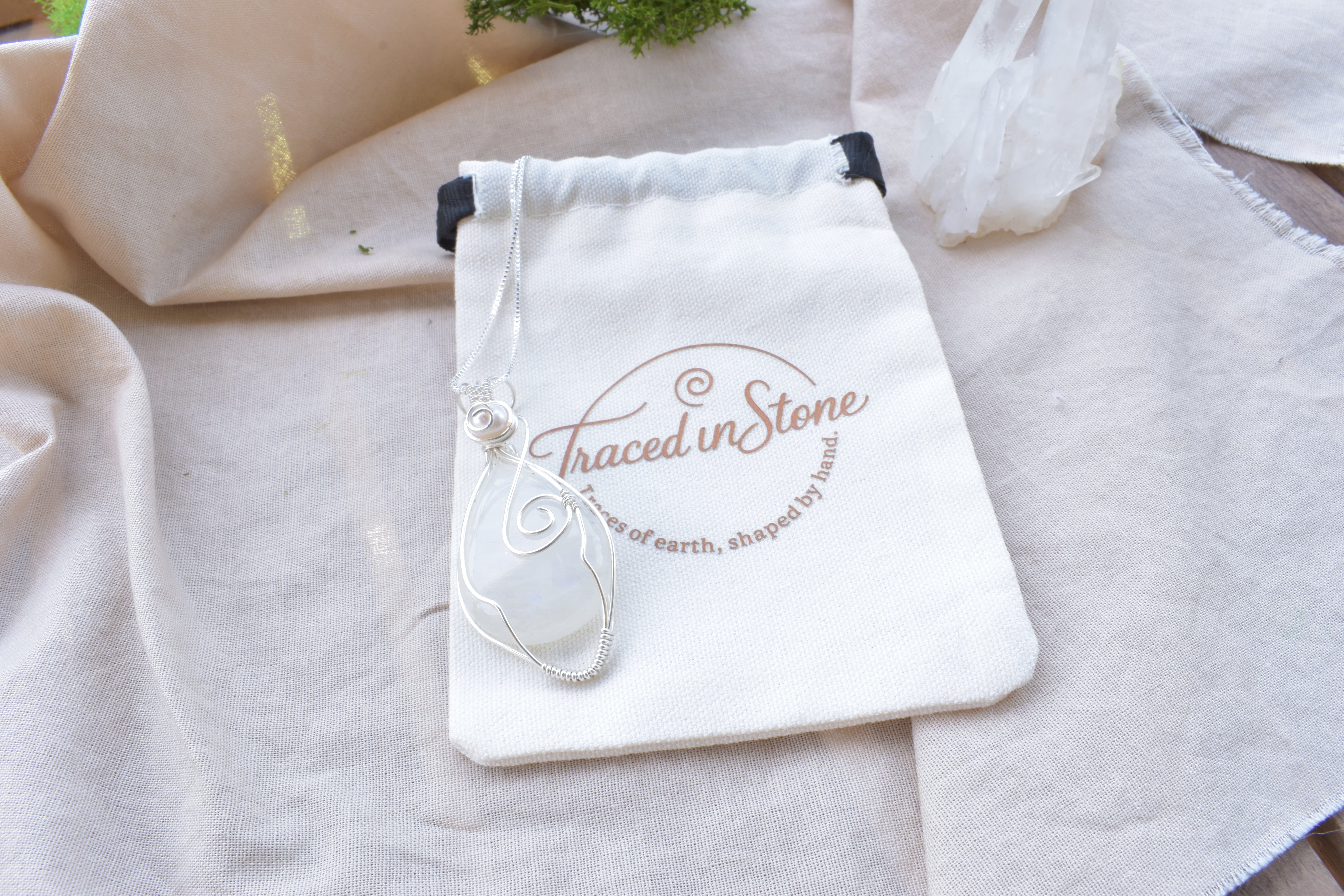 Soft Aura – Handcrafted Rainbow Moonstone & Pearl Pendant