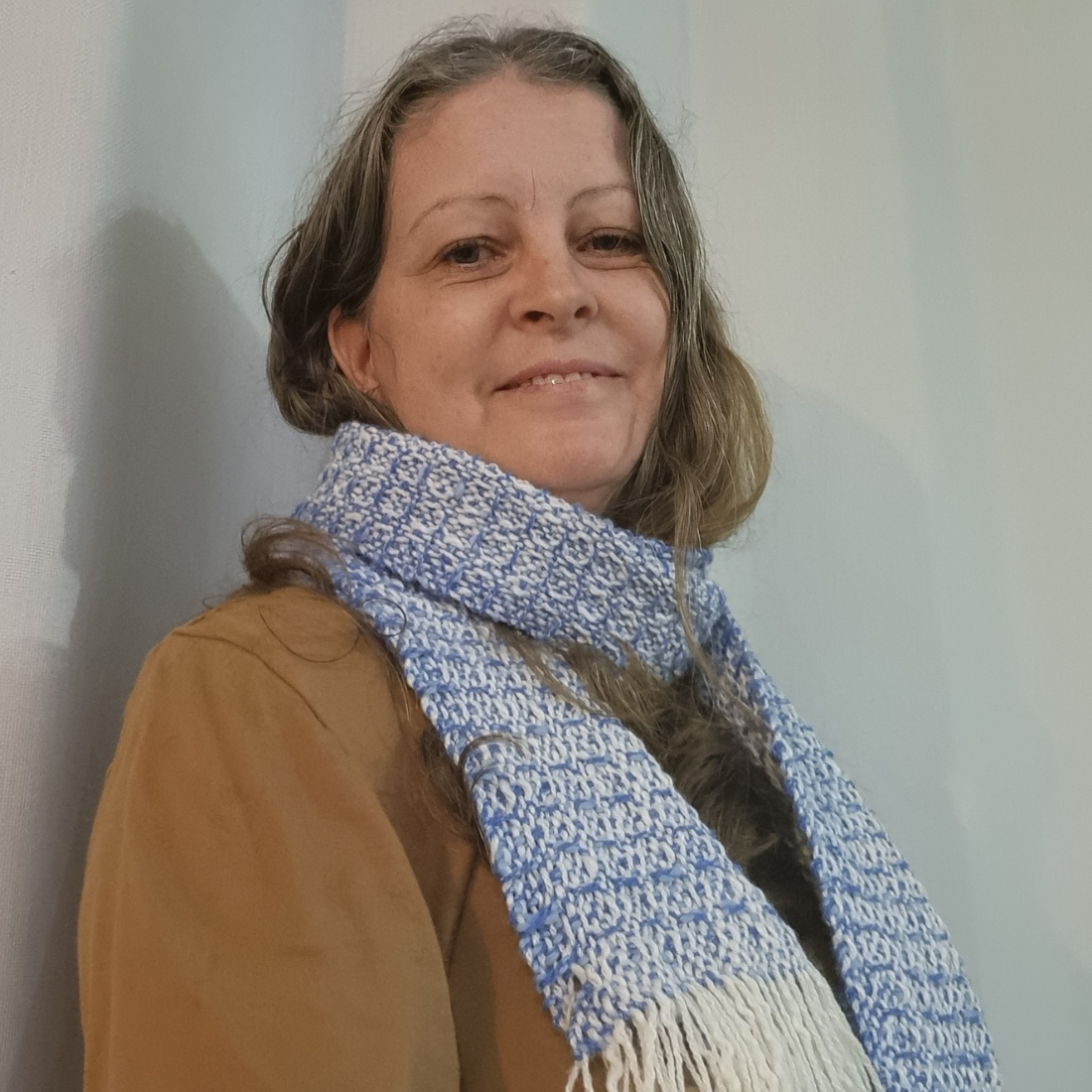 Cozy blue and white waffle-weave scarf