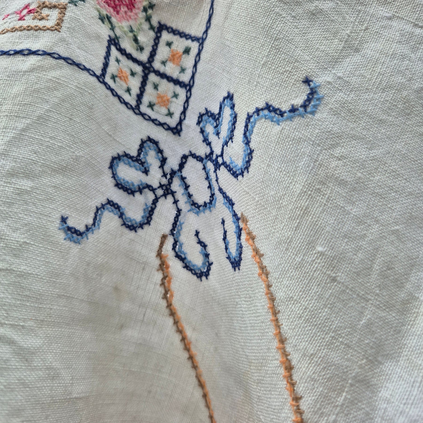 Upcycled Vintage Tablecloth top. Delicate cross stitch design