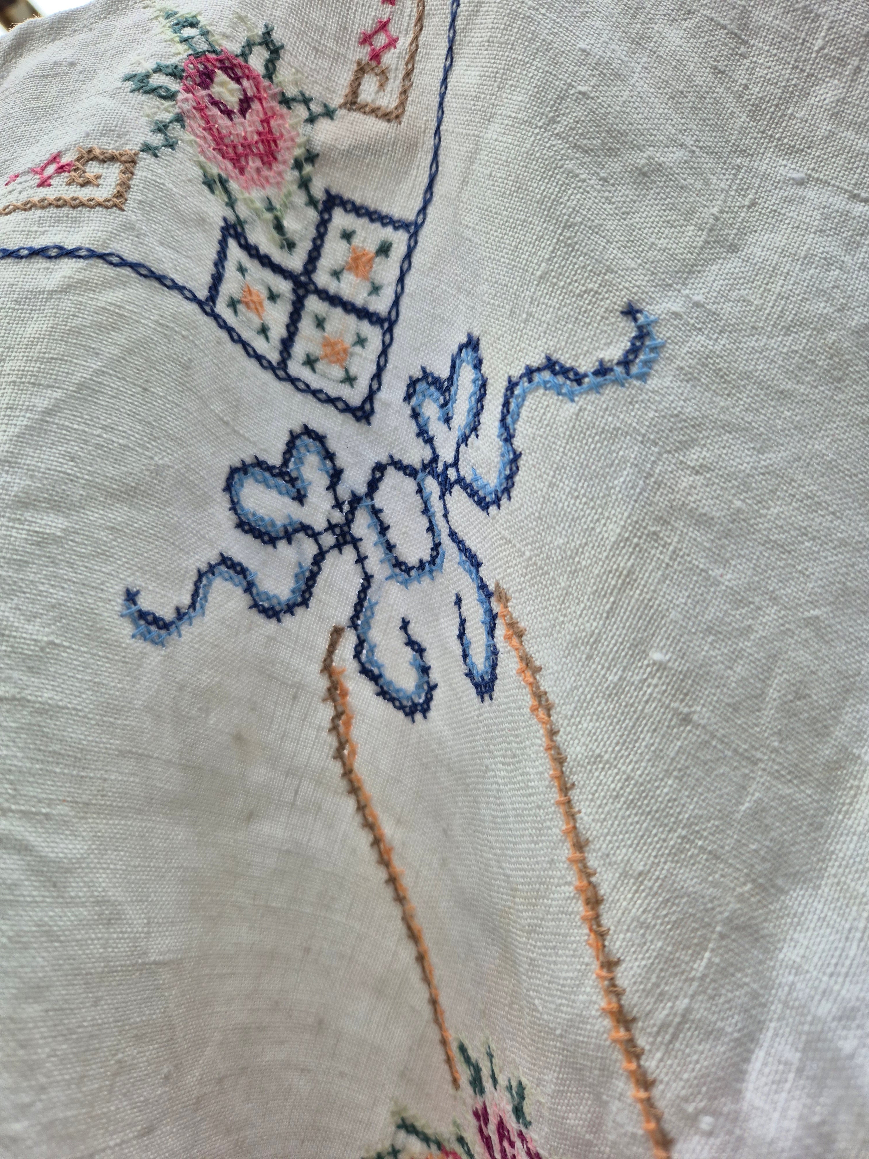 Upcycled Vintage Tablecloth top. Delicate cross stitch design