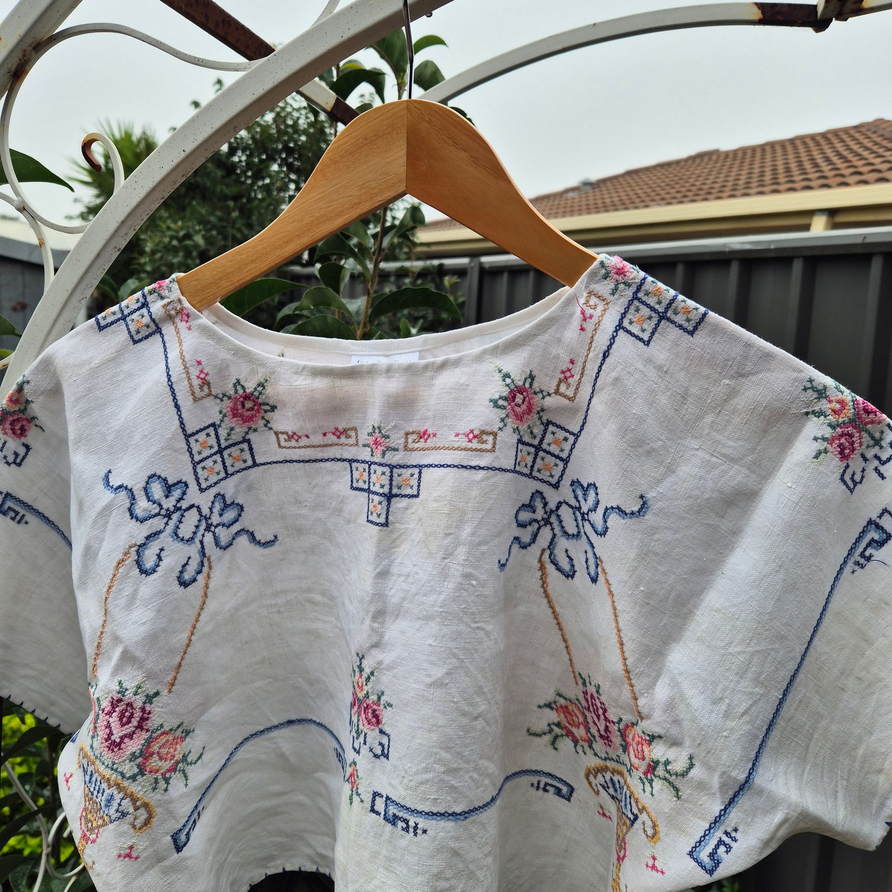 Upcycled Vintage Tablecloth top. Delicate cross stitch design