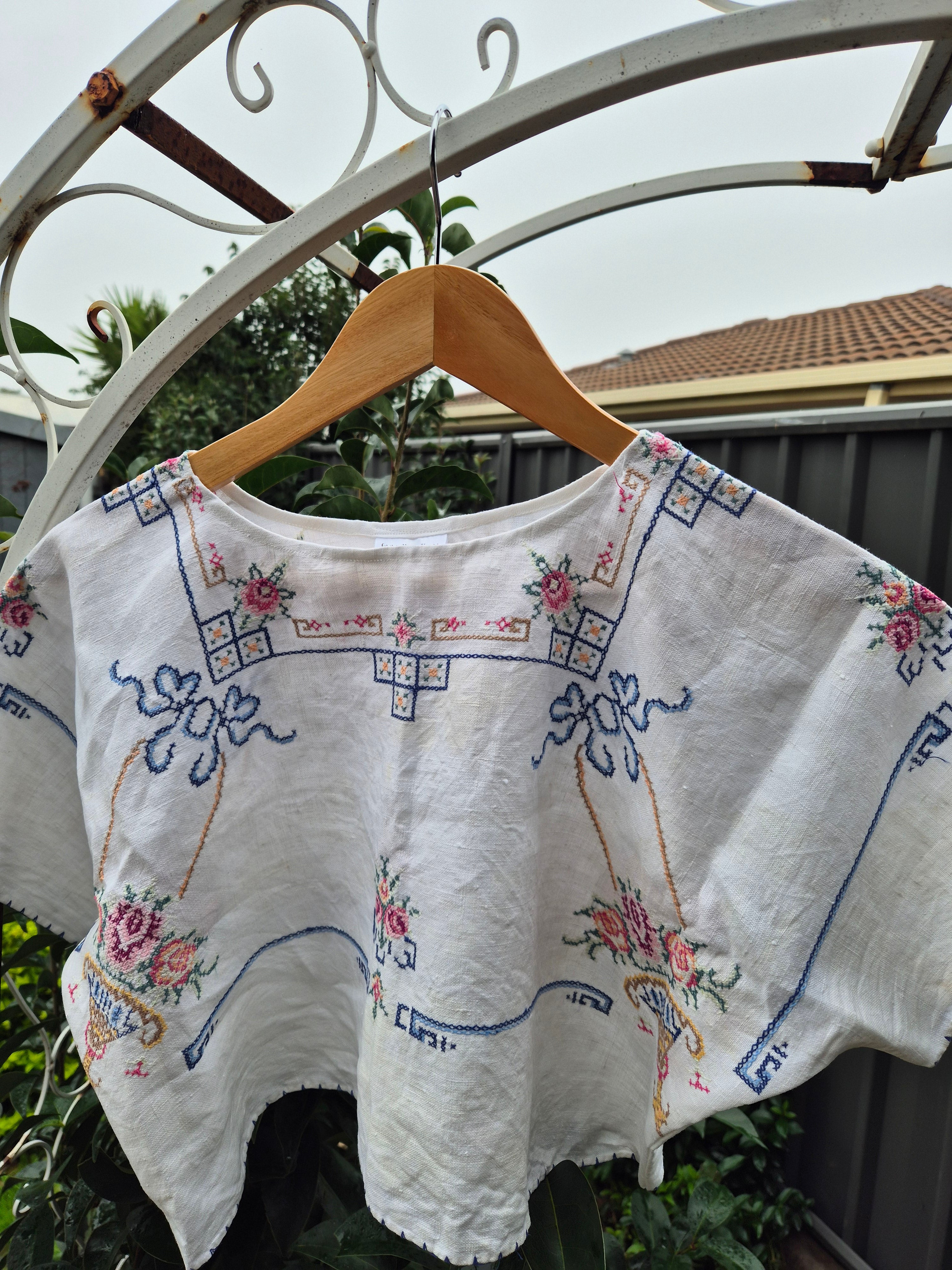 Upcycled Vintage Tablecloth top. Delicate cross stitch design