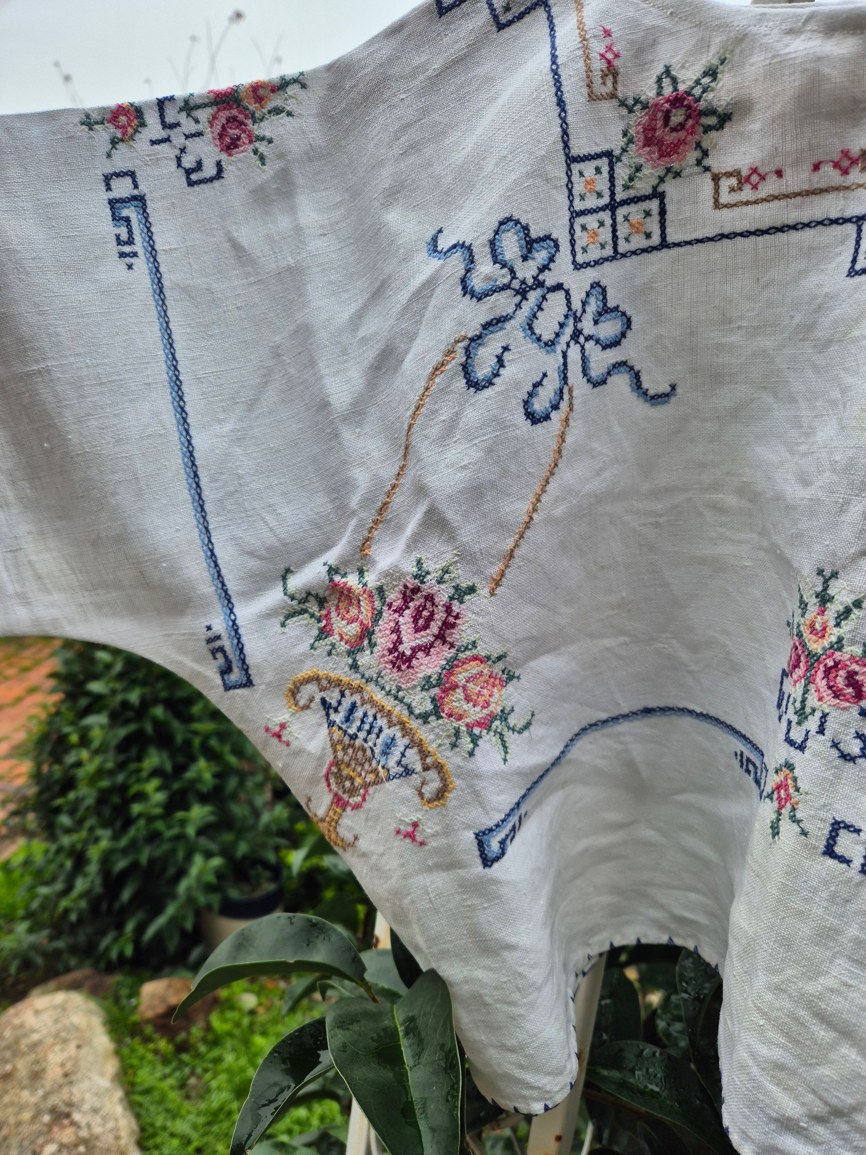 Upcycled Vintage Tablecloth top. Delicate cross stitch design