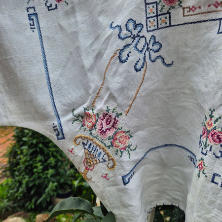 Upcycled Vintage Tablecloth top. Delicate cross stitch design