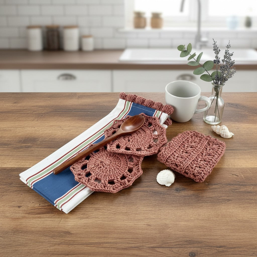 Coastal Kitchen Gift Set, Handmade Crochet Tea Towel & Coasters