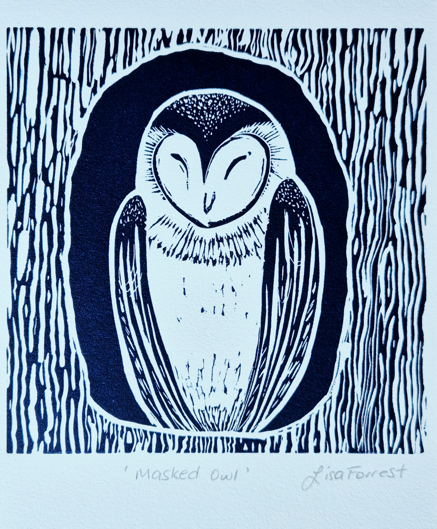'Masked Owl' Original Linocut