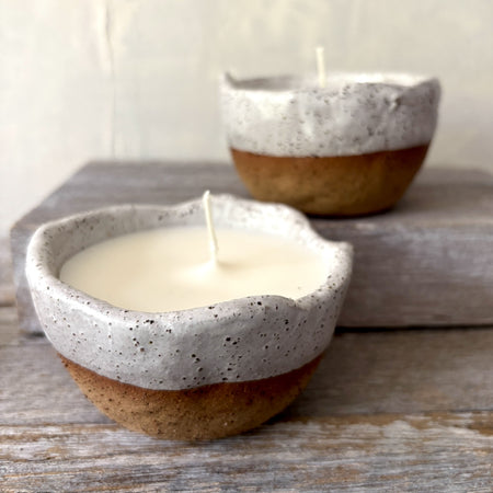Soy candle in rustic white speckled ceramic bowl