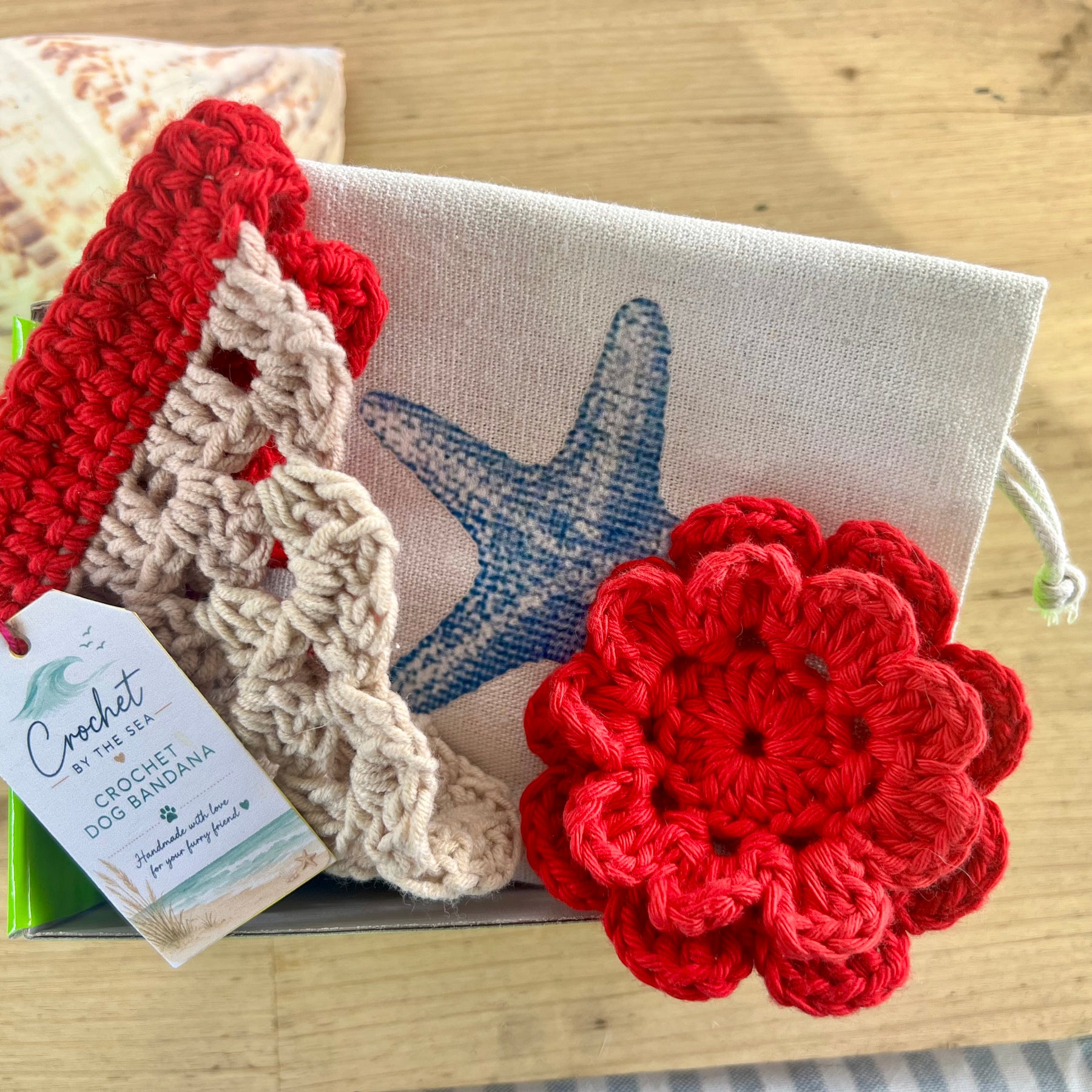 Dog Gift Box, Handmade Crochet Dog Bandana & matching bow tie or flower, New Puppy Gift