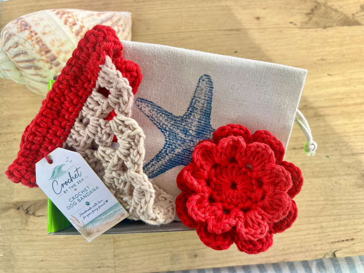 Dog Gift Box, Handmade Crochet Dog Bandana & matching bow tie or flower, New Puppy Gift