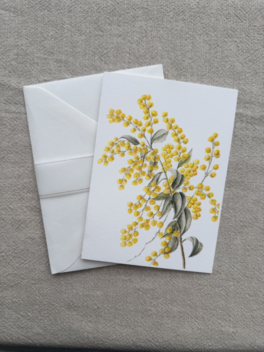 Golden Wattle Botanical Art Card - Handmade Watercolor Greeting Card