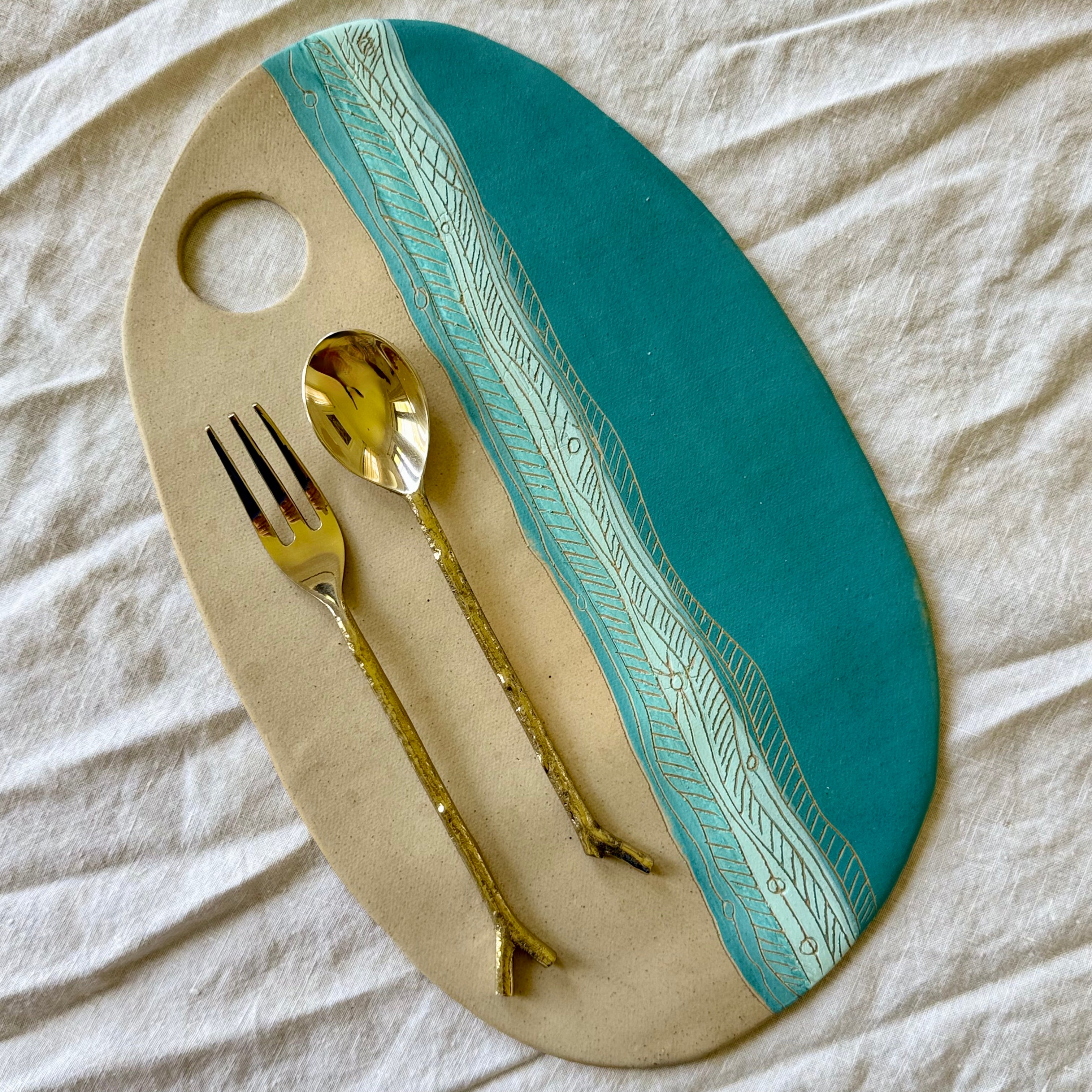 Handmade Ceramic Charcuterie Board + Leather Snap |  Tides | Coastal Pottery