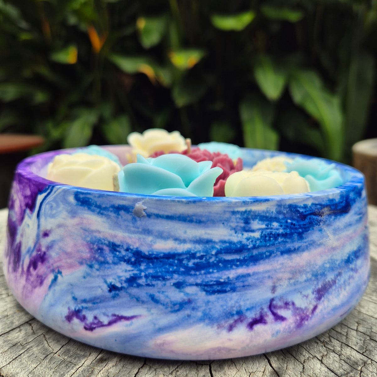 Large soy wax concrete bowl candle with burgundy peony and roses