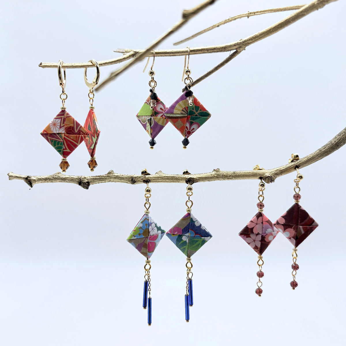 Origami Earrings – Botanicals of the Seasons – Set of 4.  Japanese Paper Jewellery