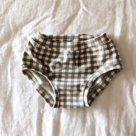 Grey gingham organic underpants for kids sizes 1 to 12