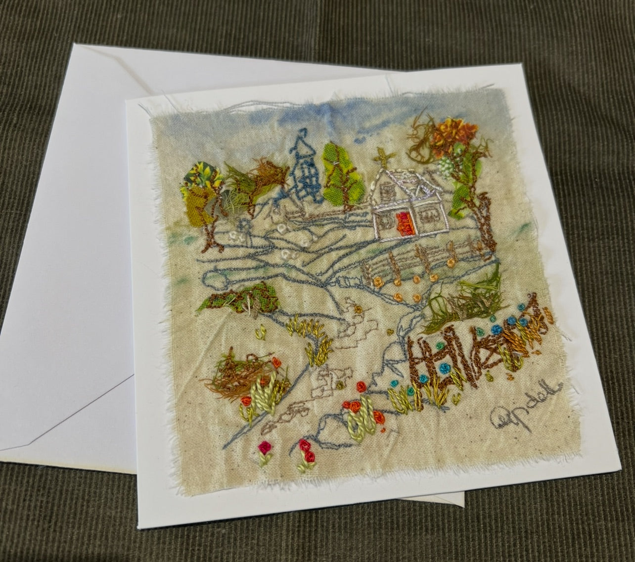 Greeting Card - Hand painted and Hand Embroidered Country Scene