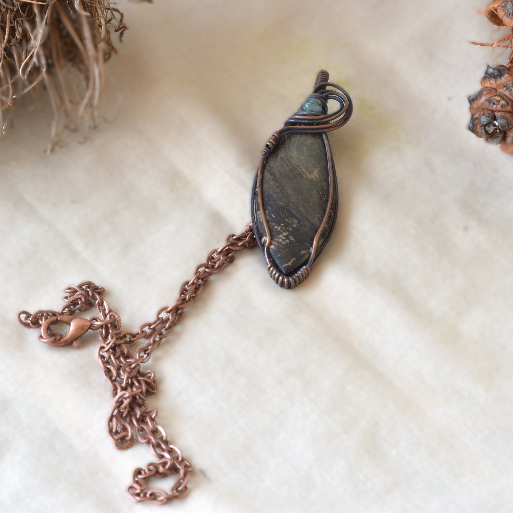 Bushland Spirit – Petrified Wood Copper Wire Wrapped Pendant