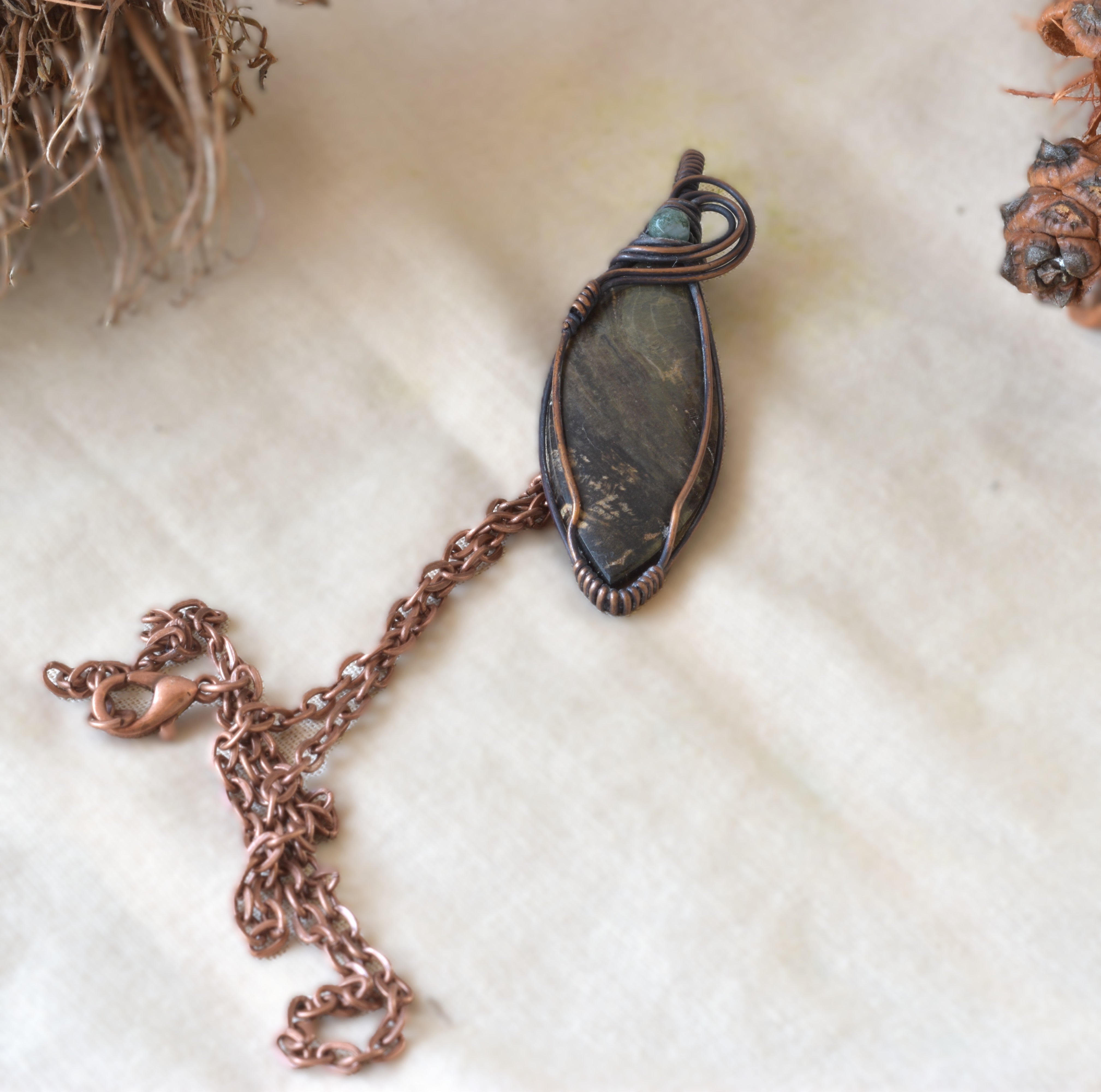 Bushland Spirit – Petrified Wood Copper Wire Wrapped Pendant