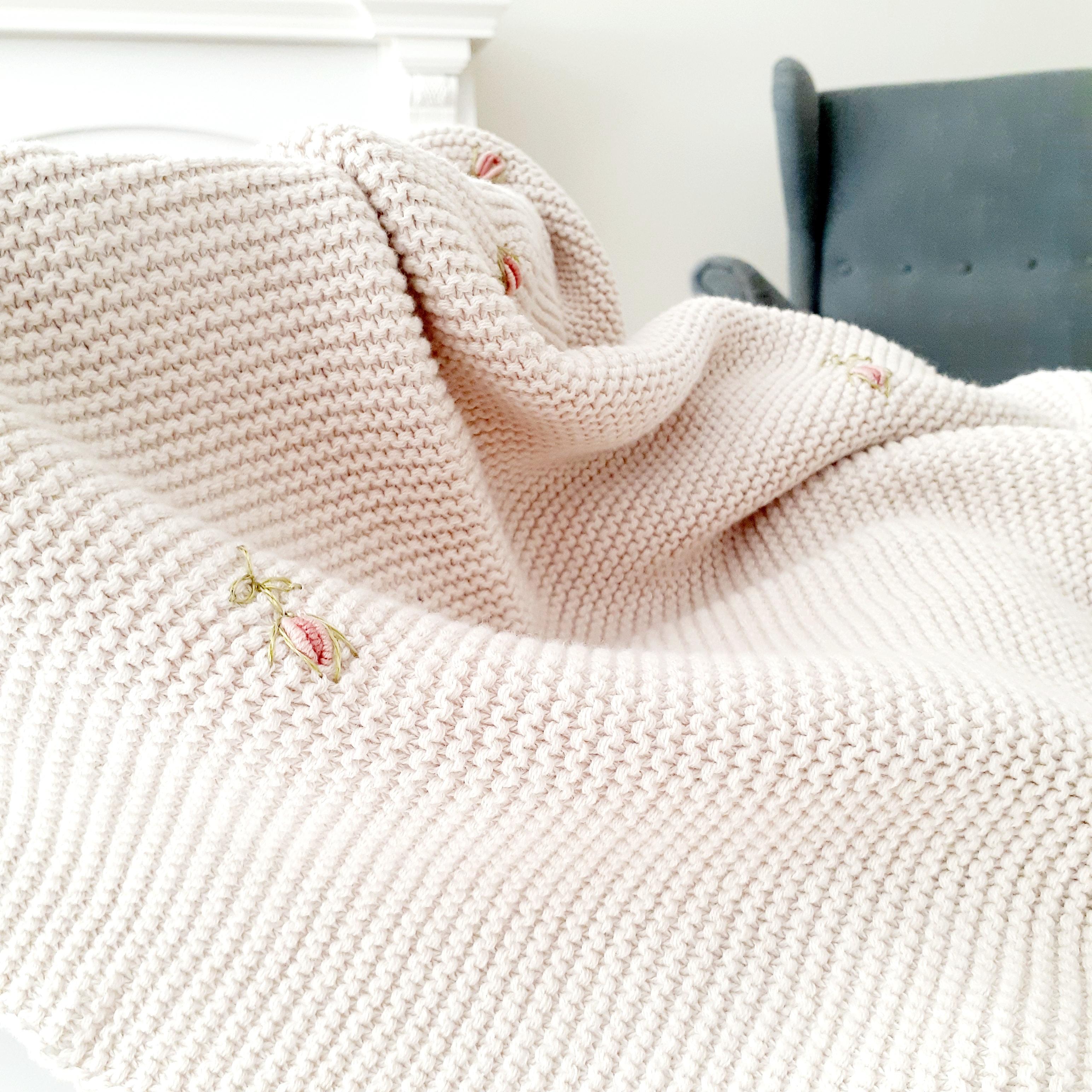 Chunky Knit Baby Blanket, Hand Embroidered, Newborn Gift, Boy, Girl