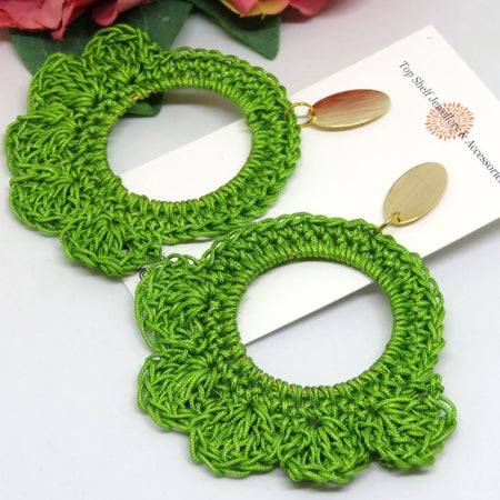 Green Crochet Thread Bespoke Handmade Boho  Earrings