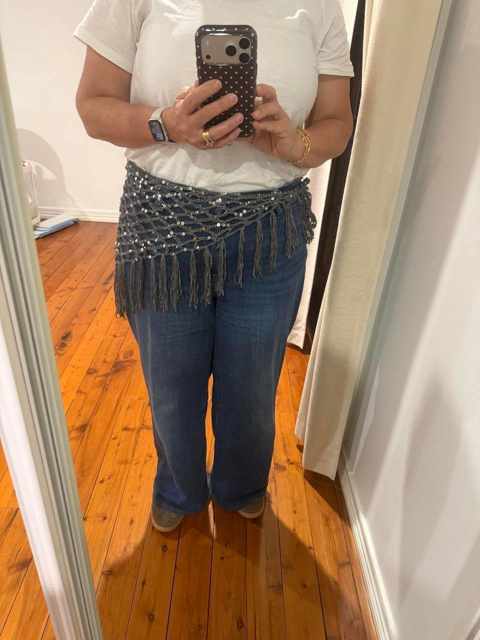 Dark Grey with Silver Sequins Fringed Waist Scarf