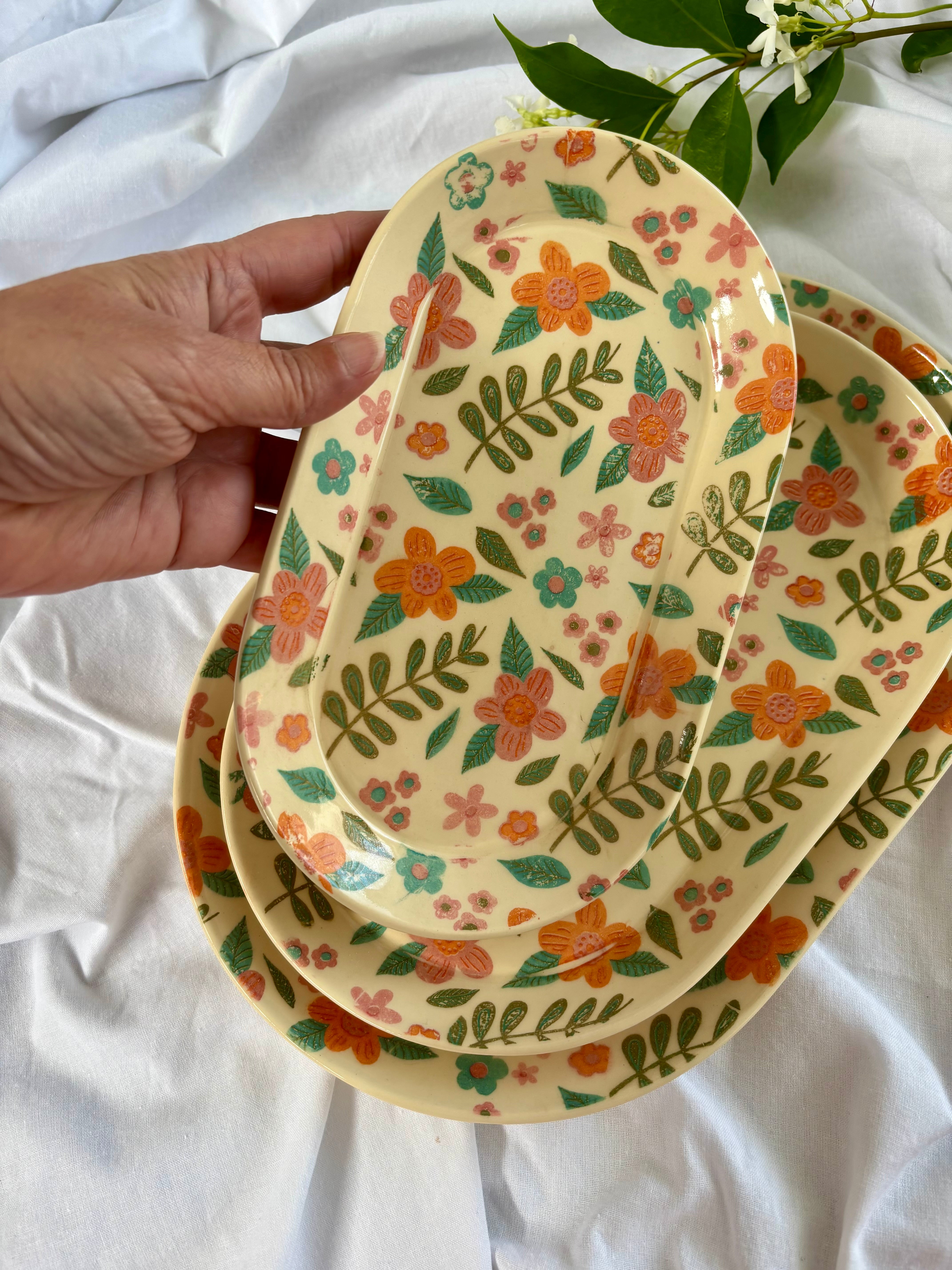 Flower Pattern Ceramic Tray/Plates Set of 3