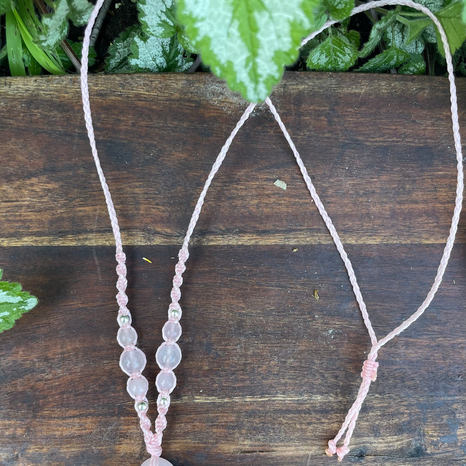 Rose Quartz Pendant, oval shape, beaded necklace adjustable