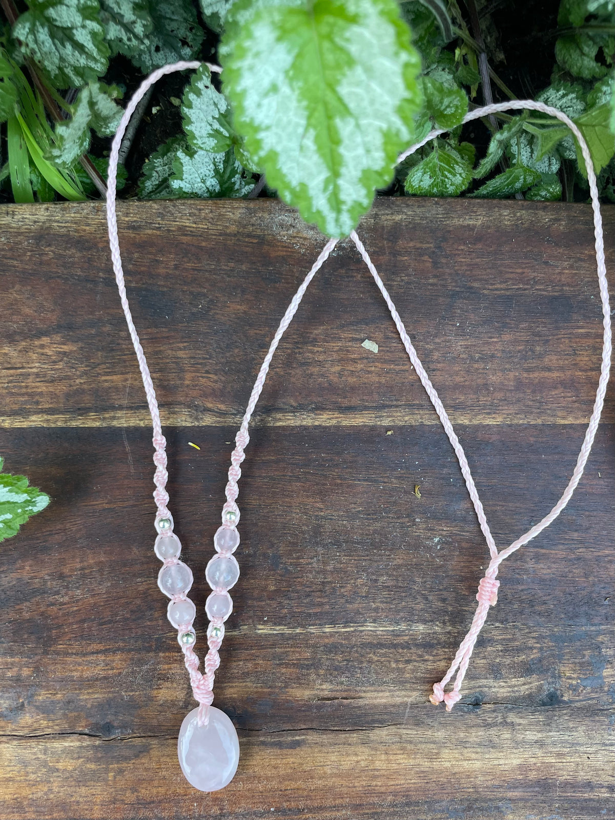 Rose Quartz Pendant, oval shape, beaded necklace adjustable
