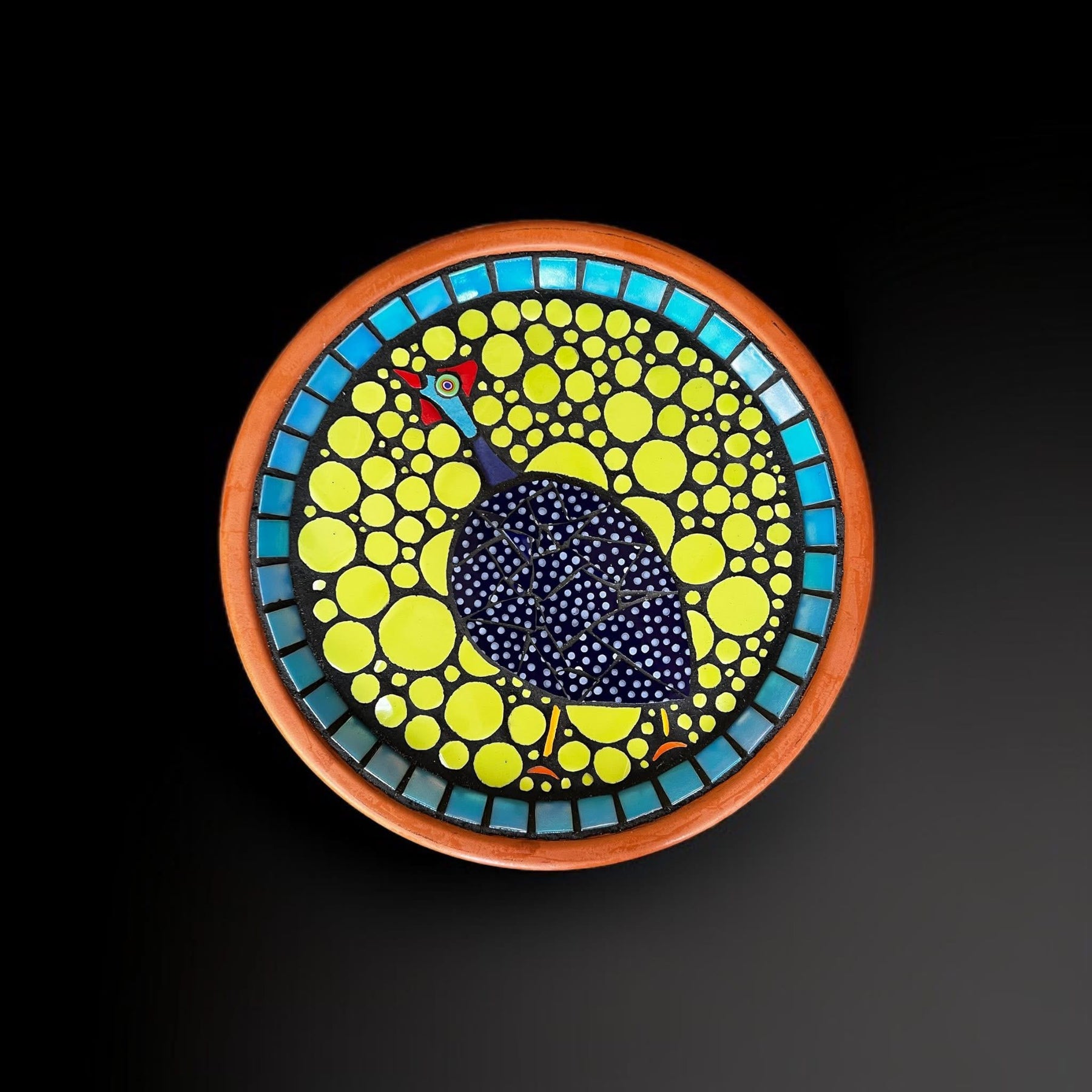 Mosaic Bee Bath. Guinea Fowl.
