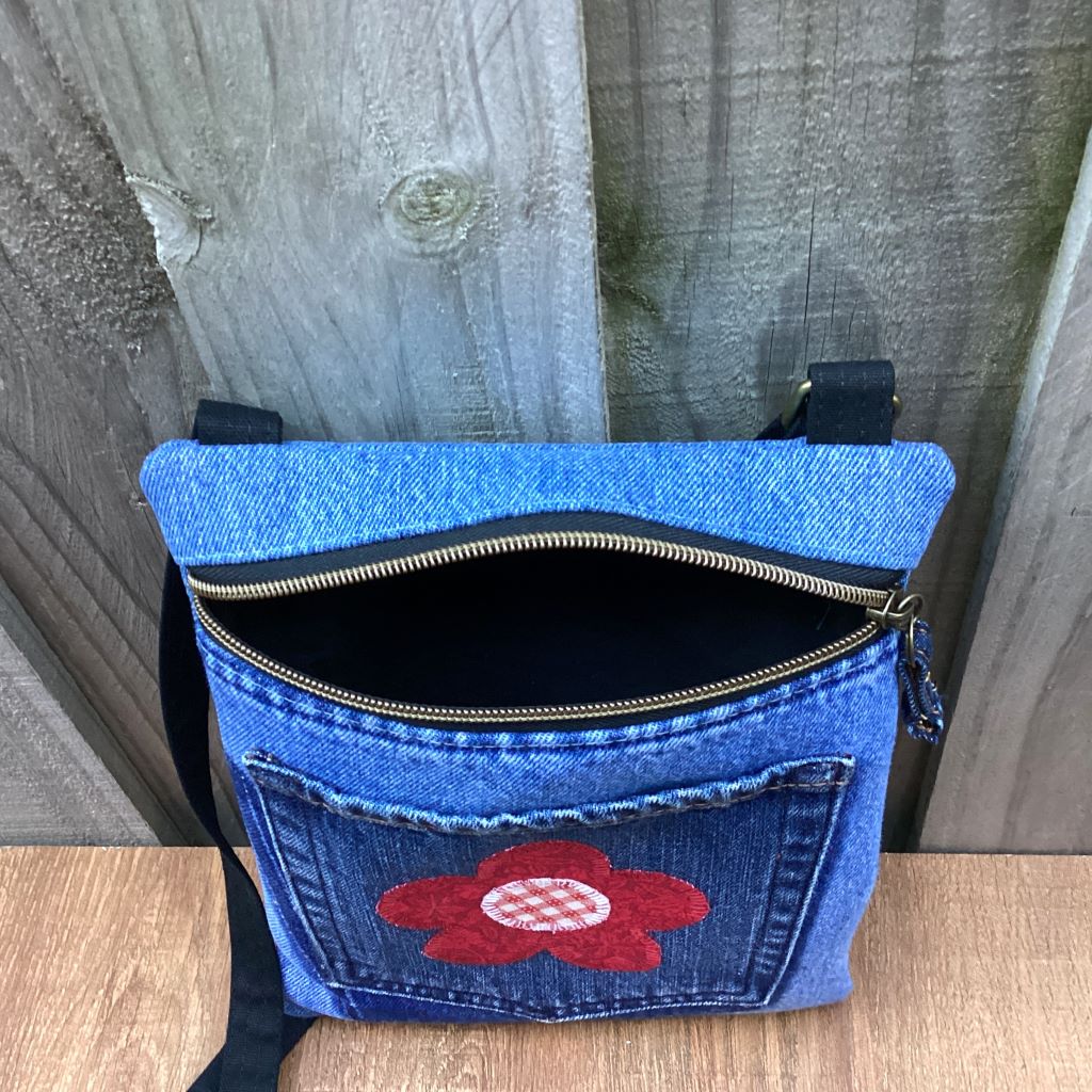 Upcycled Denim Crossbody Bag - Red Flower
