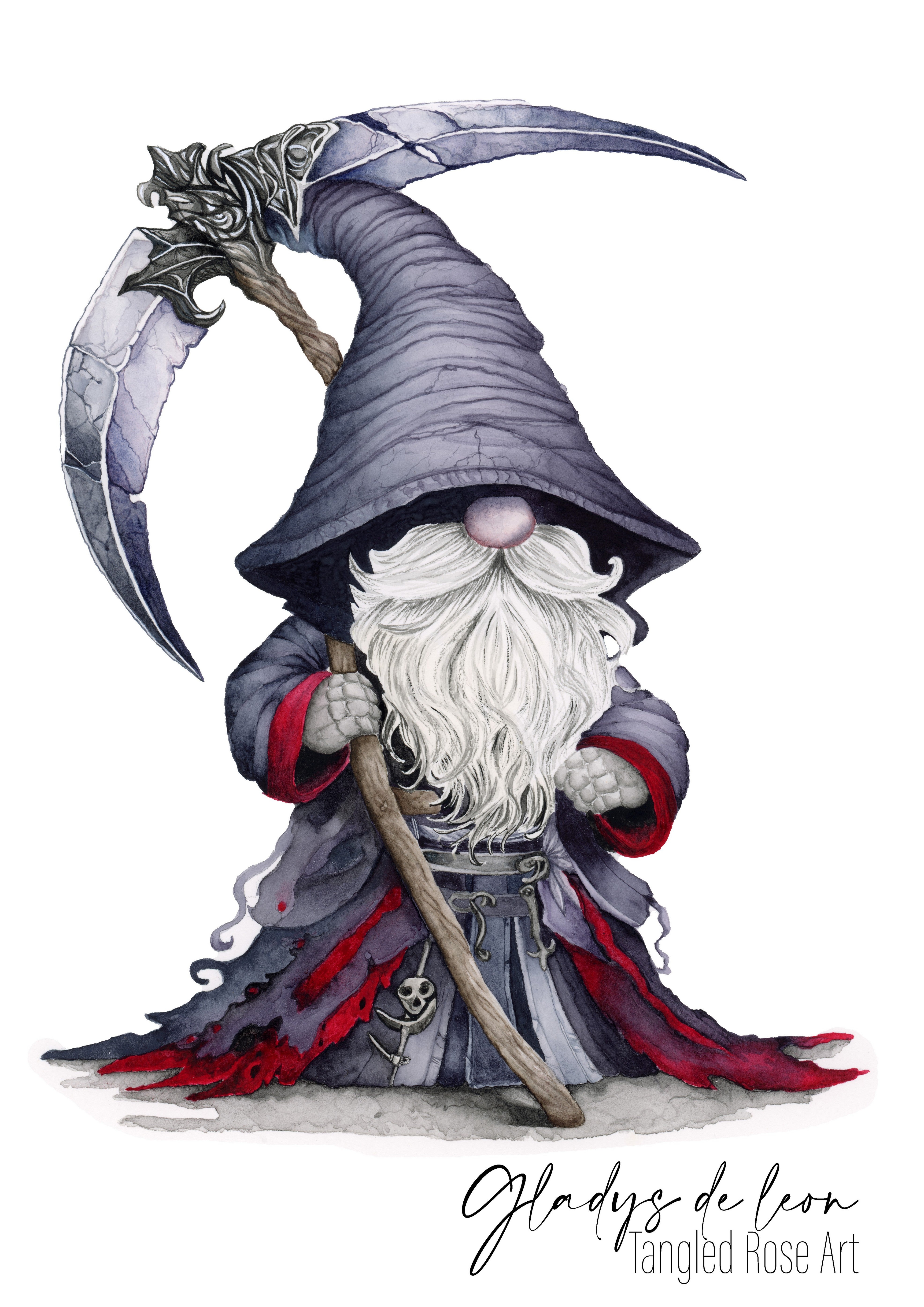 OXBLOOD REAPER GNOME ARCHIVAL PRINTS AND CARD - TANGLED ROSE ART