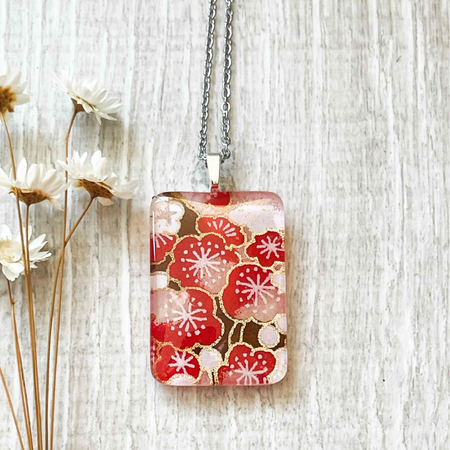 Red Cherry Blossom Pendant Necklace with Chain