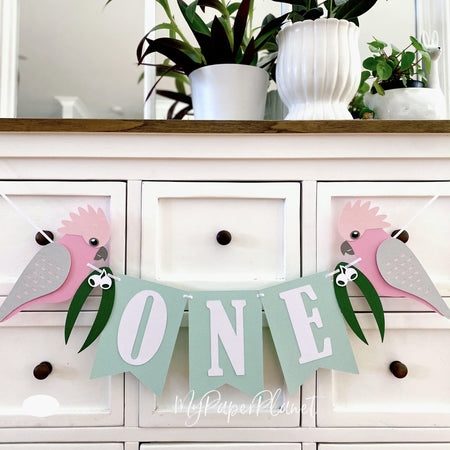 Pink Galah native bird birthday banner ONE or TWO.