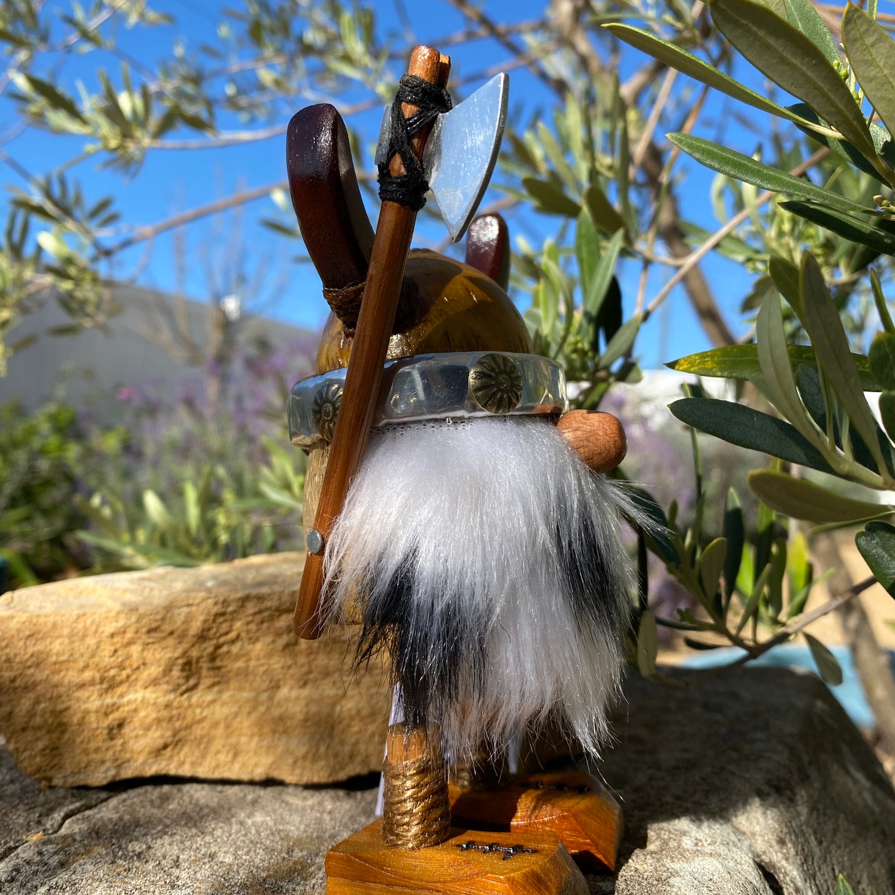 Handmade Wooden Viking Figure with Leopard Print Beard – Recycled Australian Timber Decor