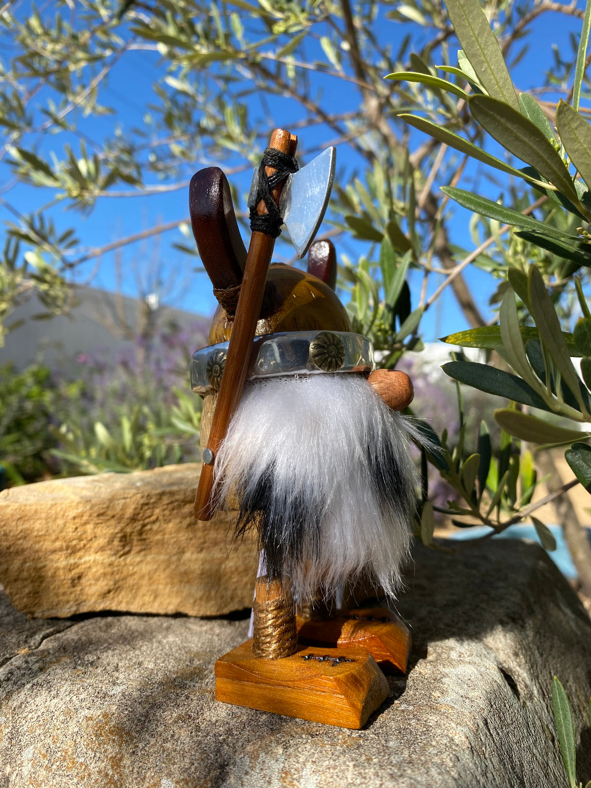 Handmade Wooden Viking Figure with Leopard Print Beard – Recycled Australian Timber Decor