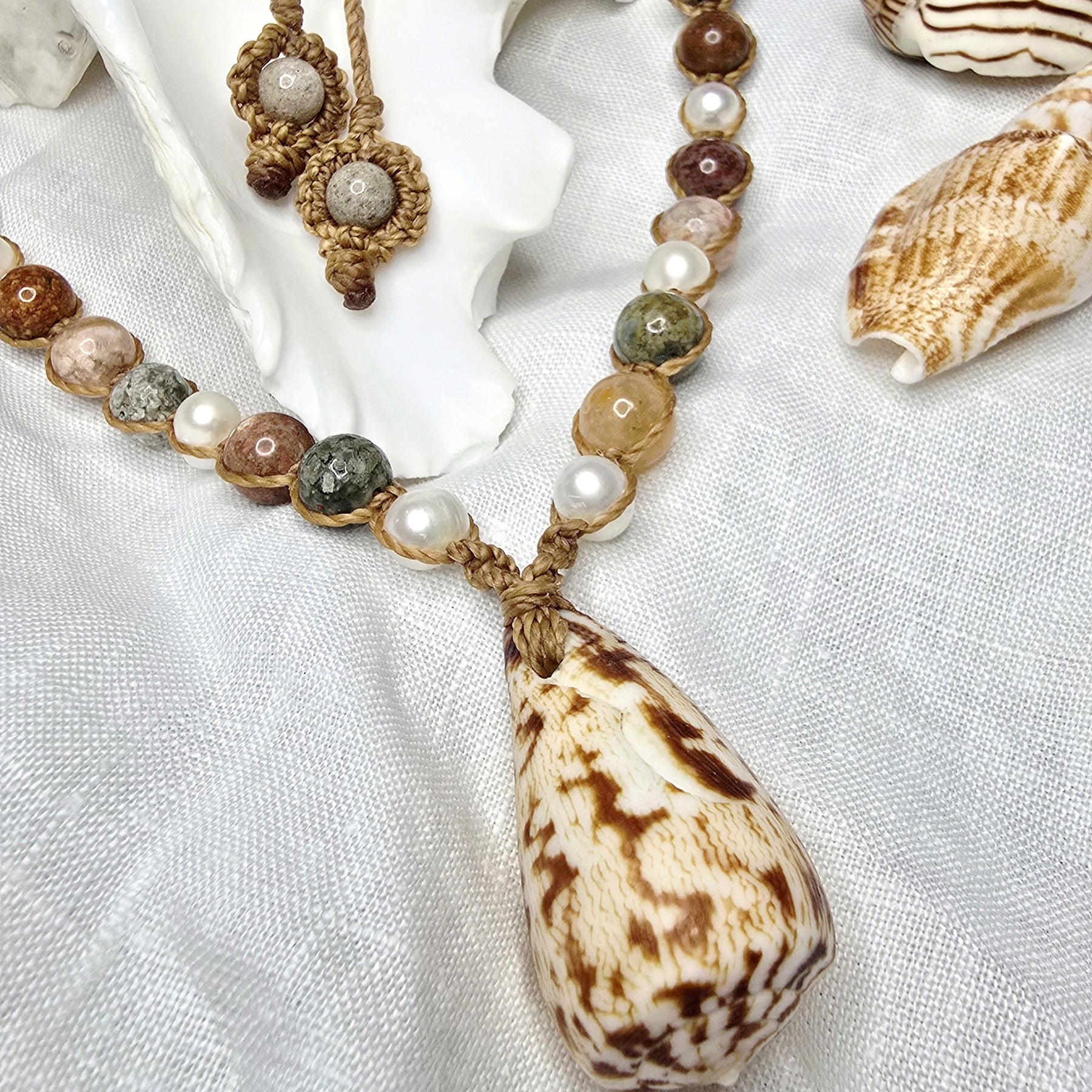 Cone Shell with Rare Ocean Agate & Pearl Necklace