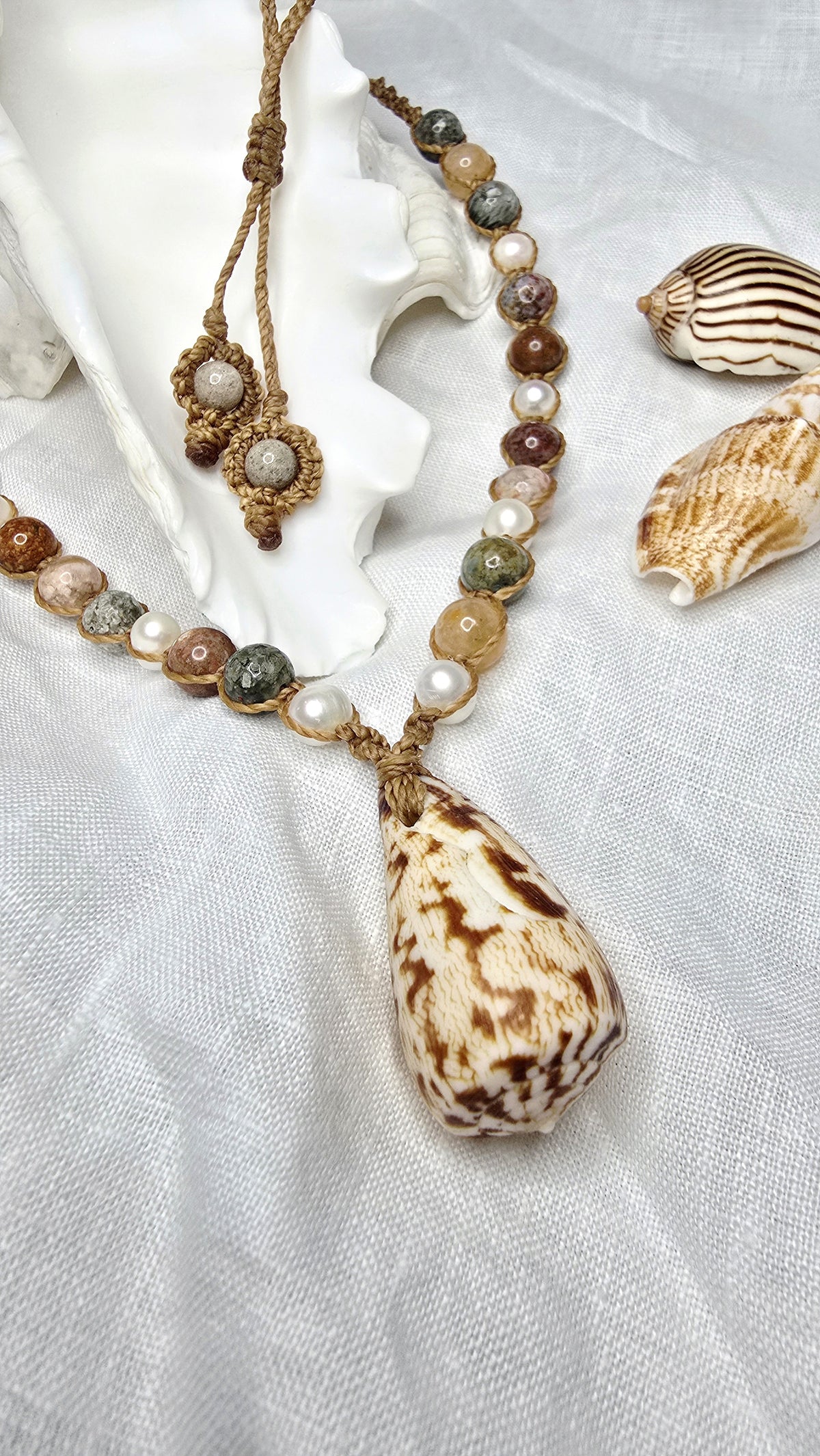 Cone Shell with Rare Ocean Agate & Pearl Necklace