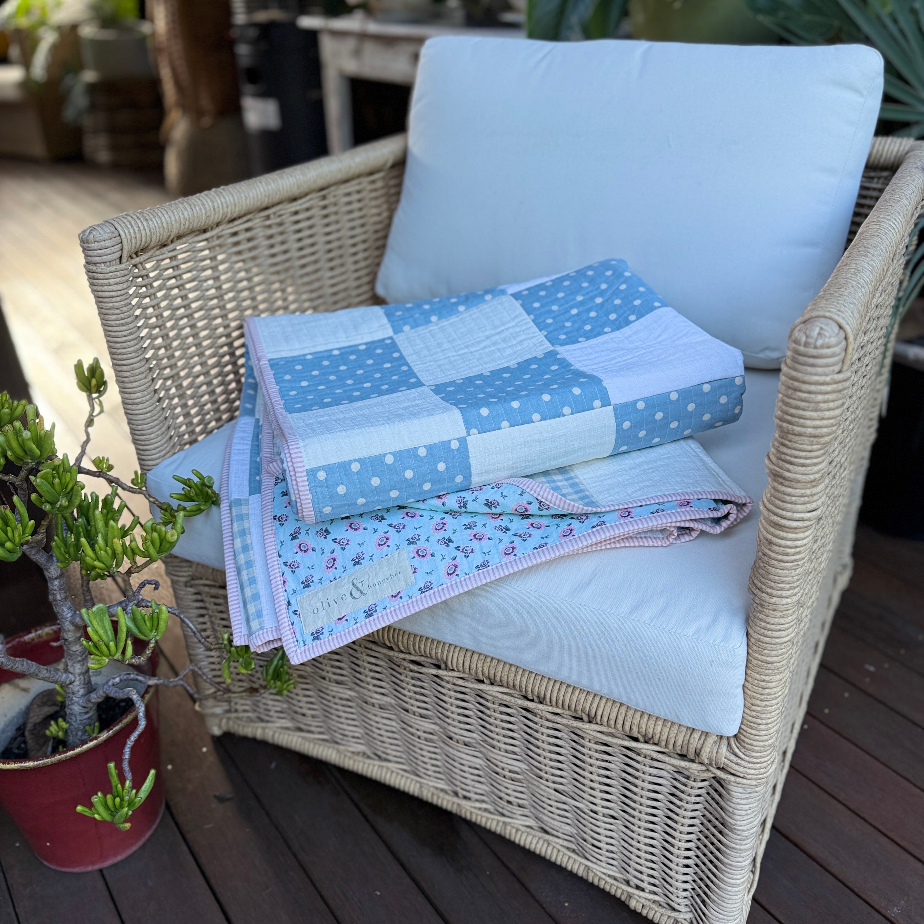 Blue Skies Patchwork Quilt: Coastal Inspired Soft Blue & Cream