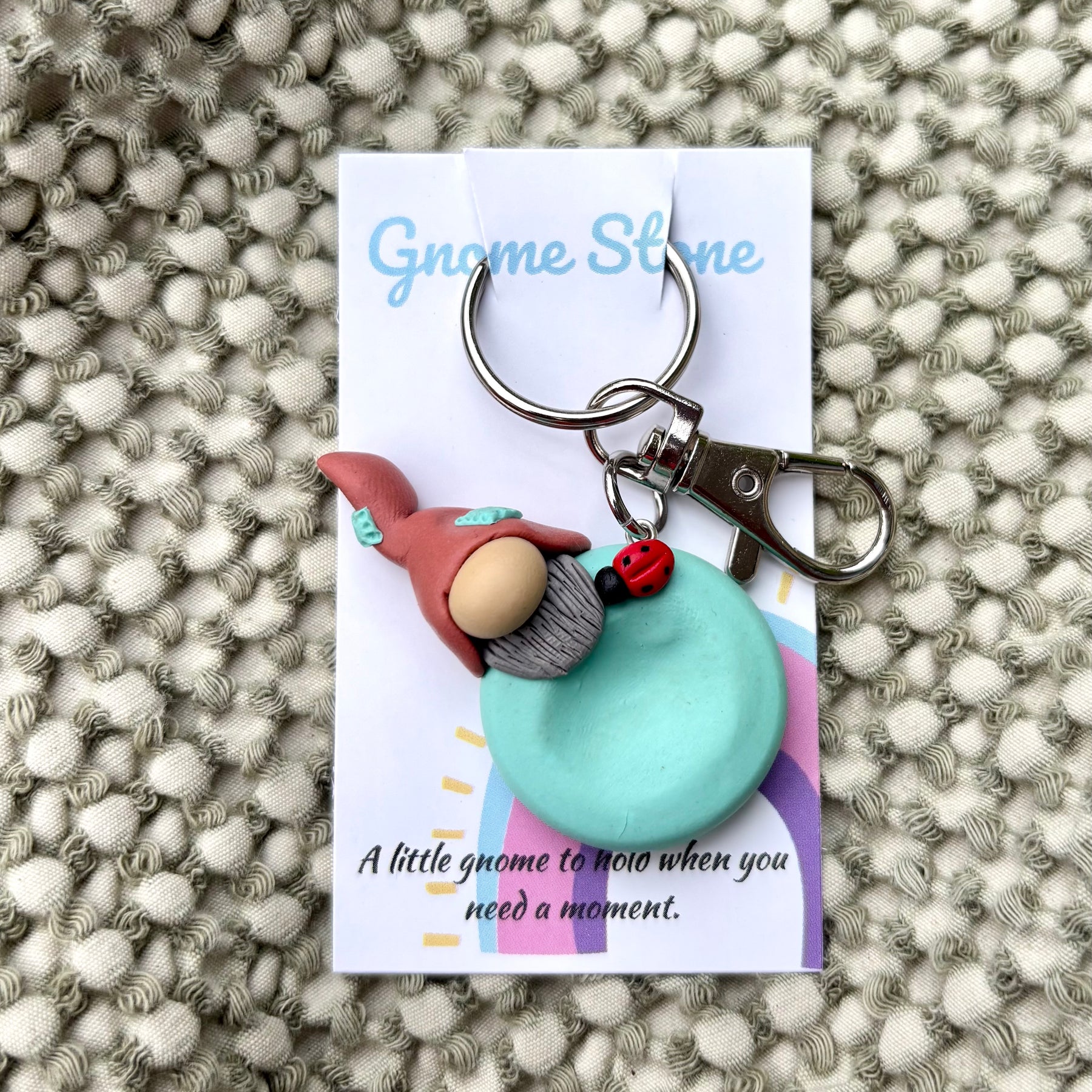 Gnome Stone - Mint and terracotta with a ladybug