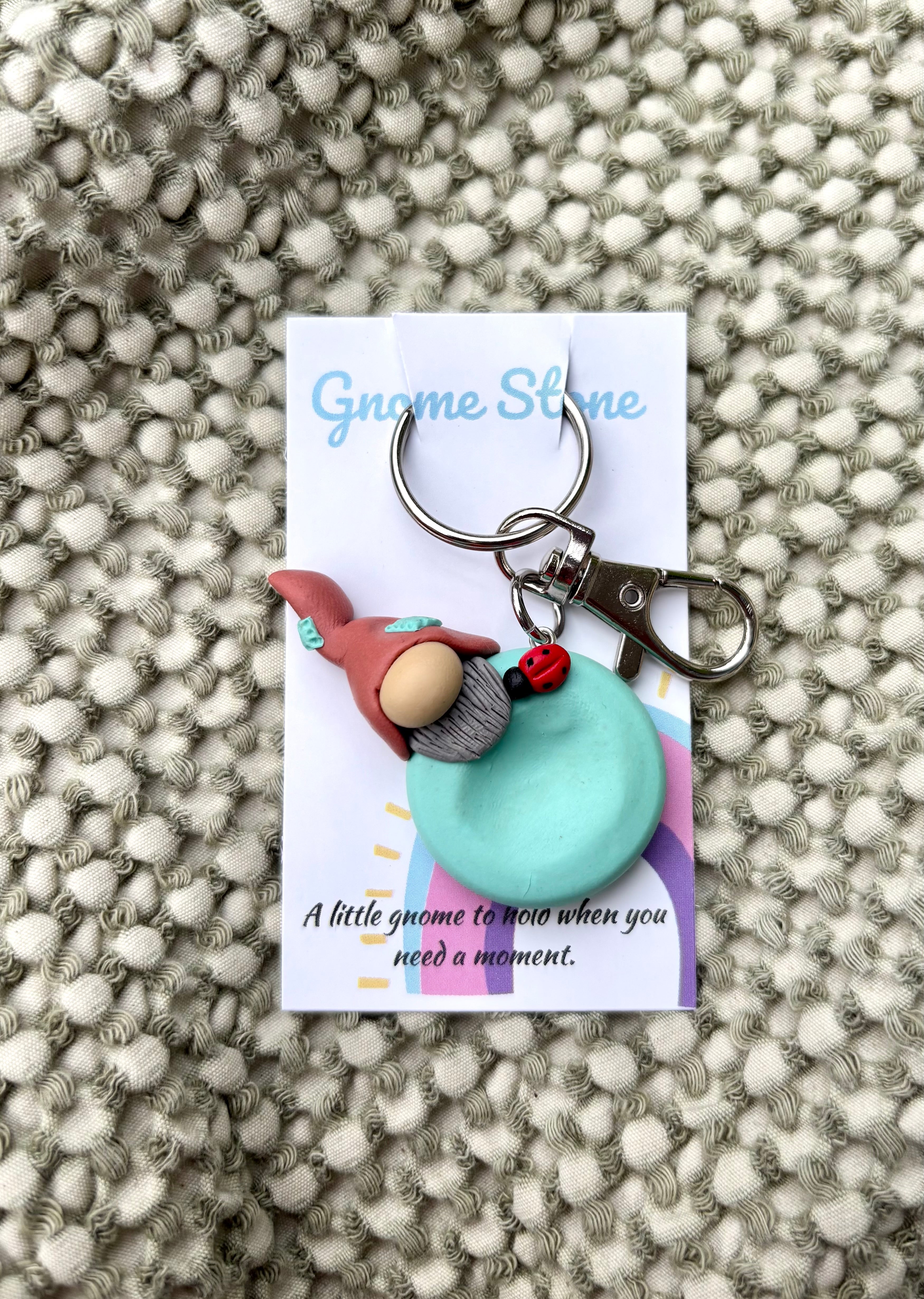 Gnome Stone - Mint and terracotta with a ladybug