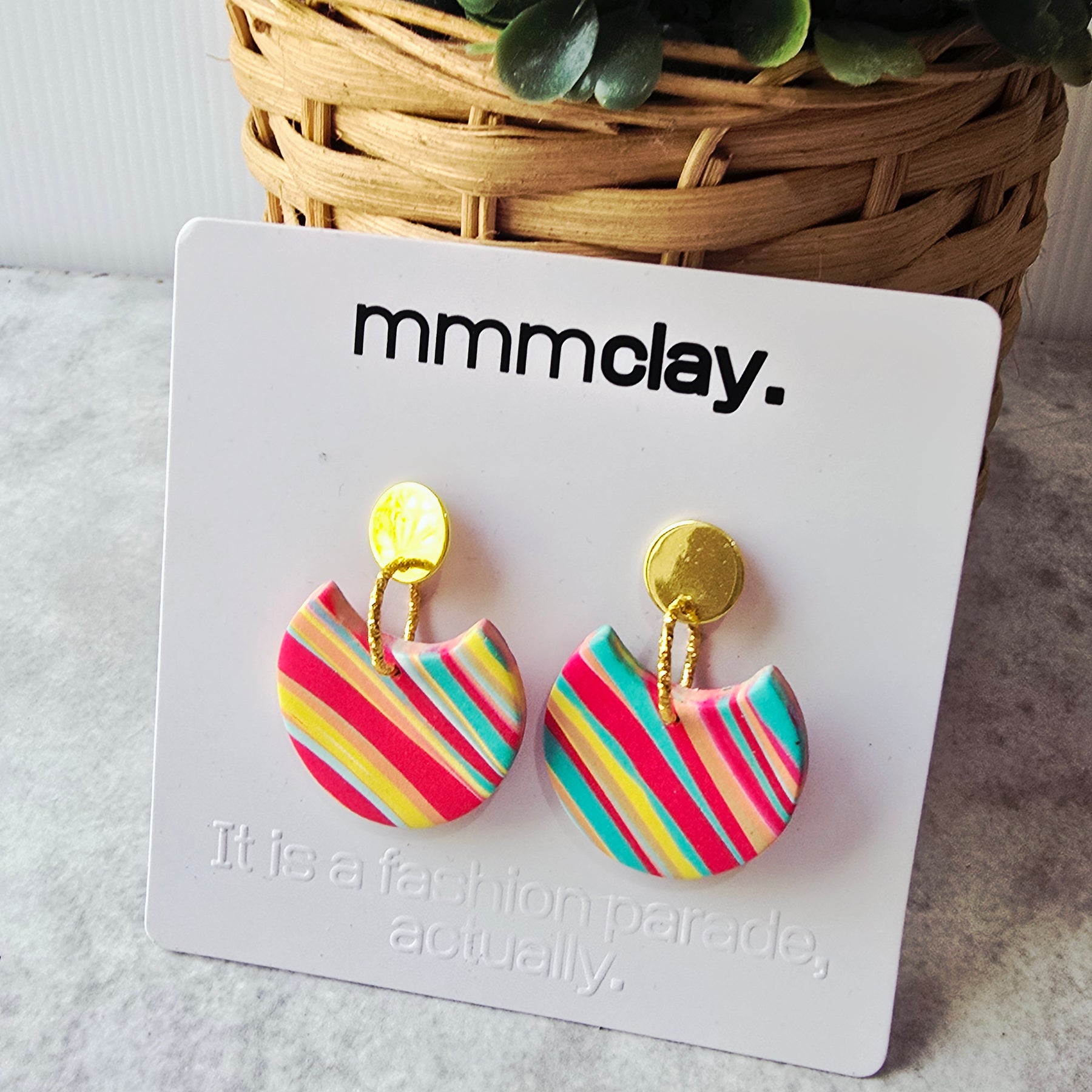 Multicolour Striped Polymer Clay Statement Drop Earrings | 9K Gold Plated